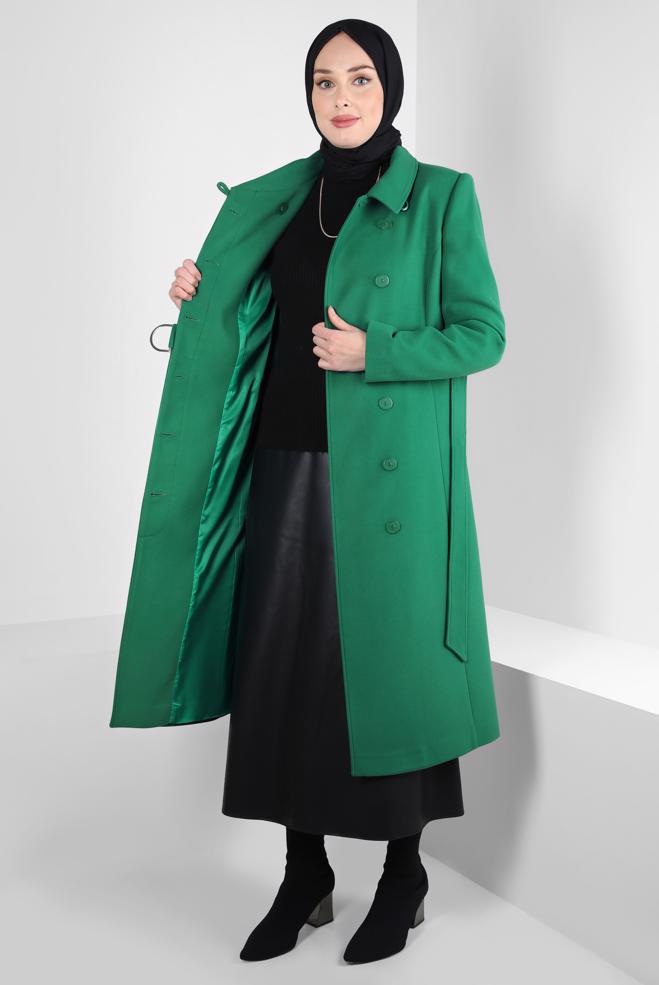 Tesettür giyim YEŞİL KEMERLİ KABAN 90443 - ALVİNA