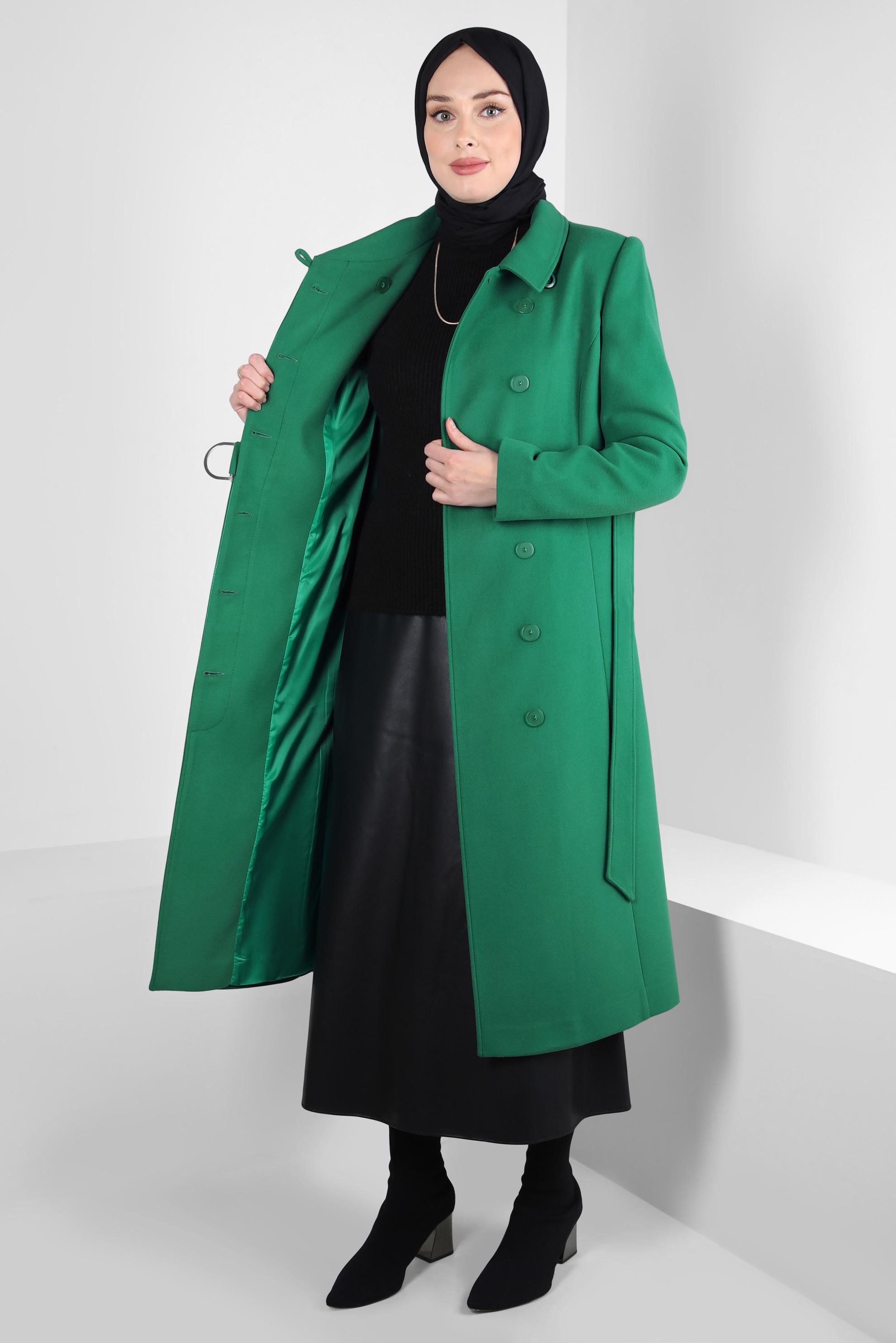 Tesettür giyim YEŞİL KEMERLİ KABAN 90443