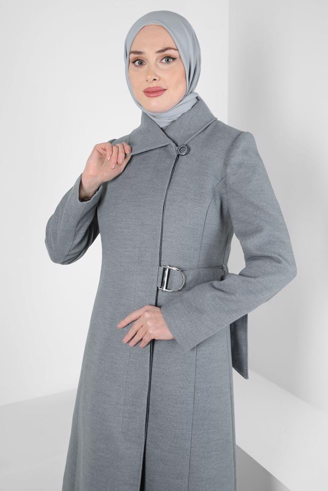 Tesettür giyim GRİ KEMERLİ KABAN 90443 - ALVİNA