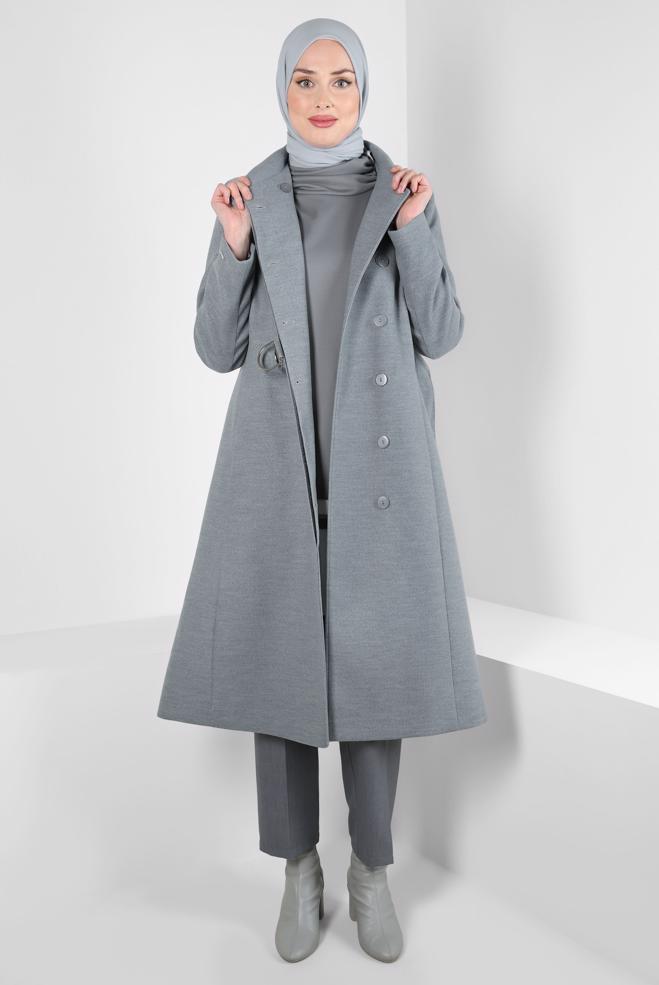 Tesettür giyim GRİ KEMERLİ KABAN 90443 - ALVİNA
