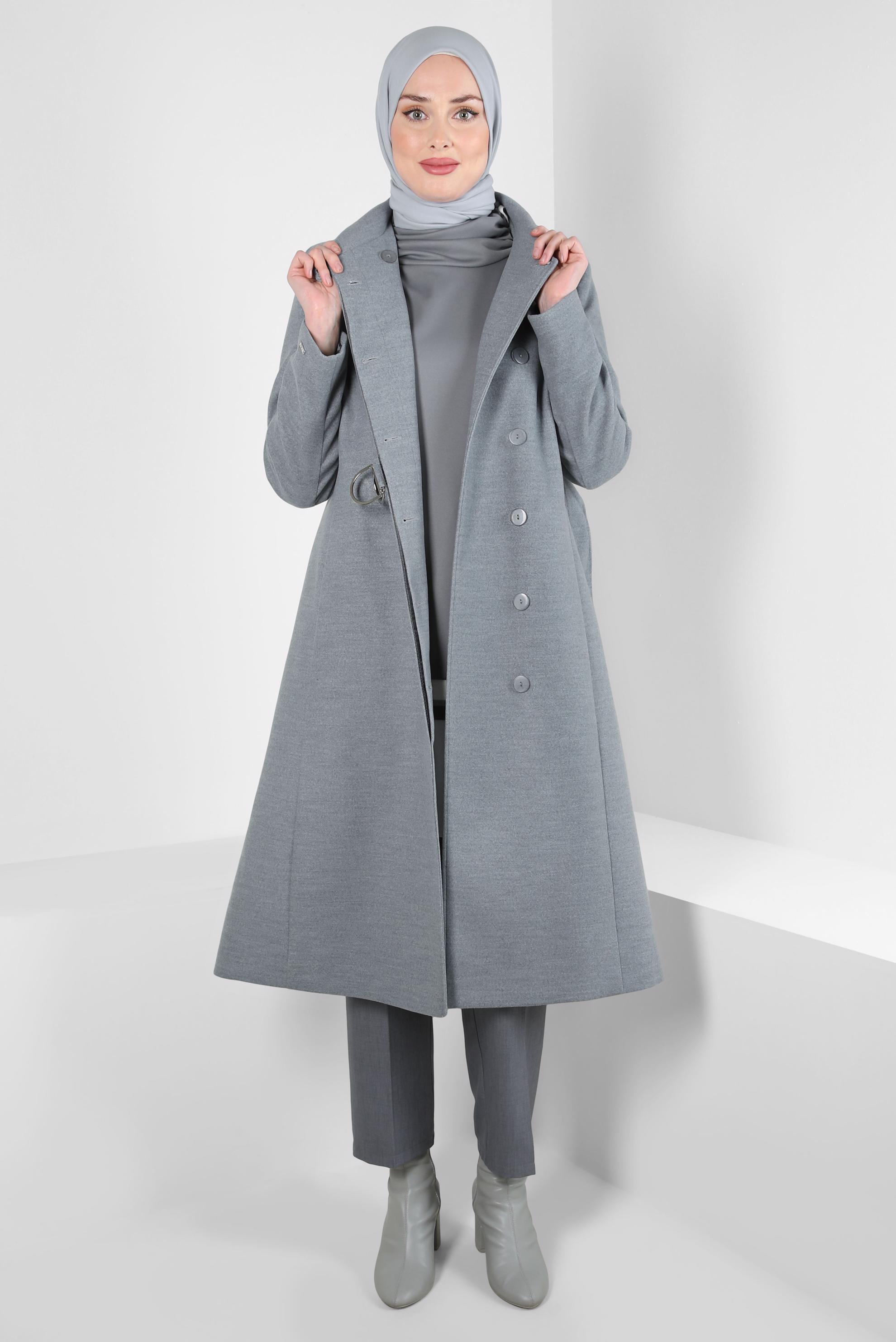 Tesettür giyim GRİ KEMERLİ KABAN 90443