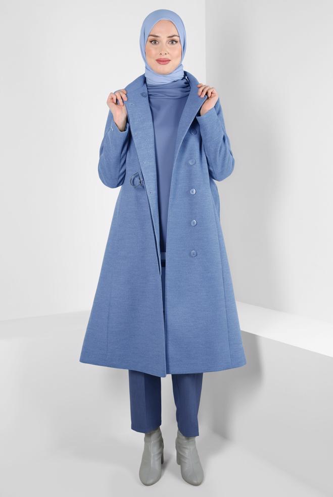 Hijab clothing BLUE BELTED COAT 90443 - ALVİNA