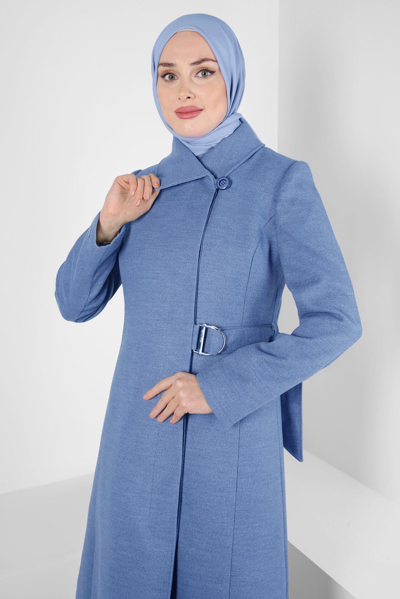 Tesettür giyim MAVİ KEMERLİ KABAN 90443