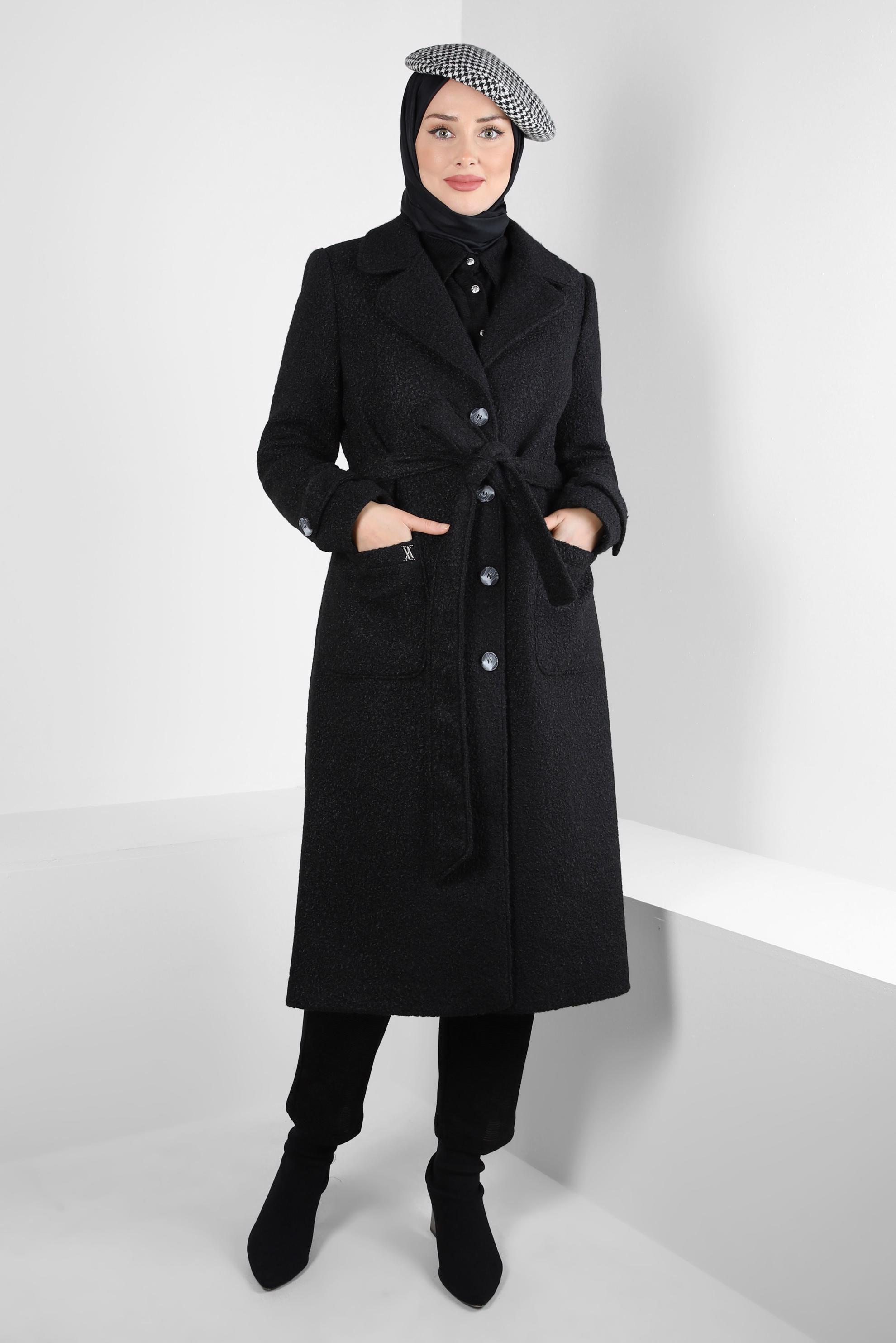Tesettür giyim SİYAH KUŞAKLI KABAN 90444