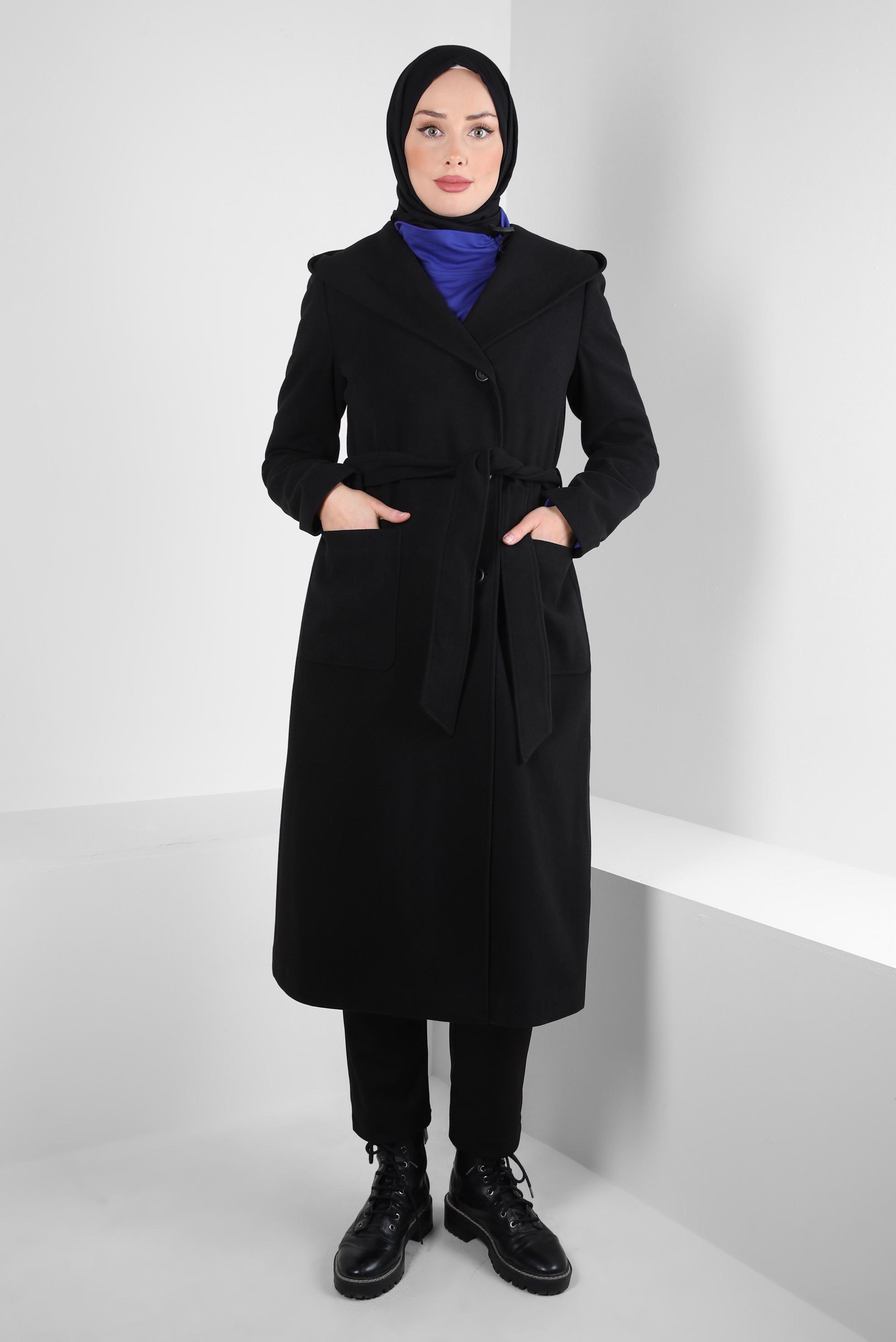 Tesettür giyim SİYAH KUŞAKLI KABAN 90445