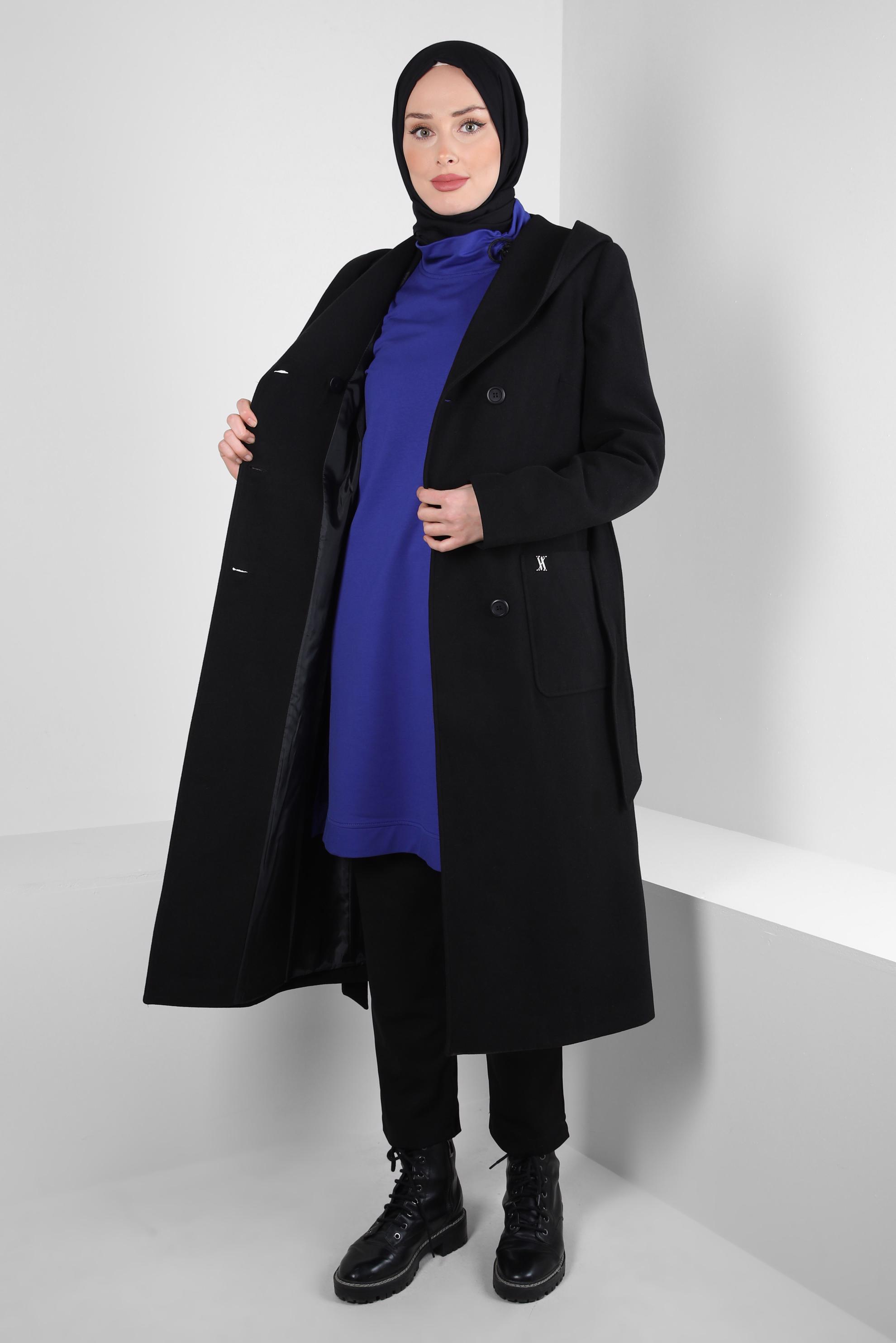 Tesettür giyim SİYAH KUŞAKLI KABAN 90445