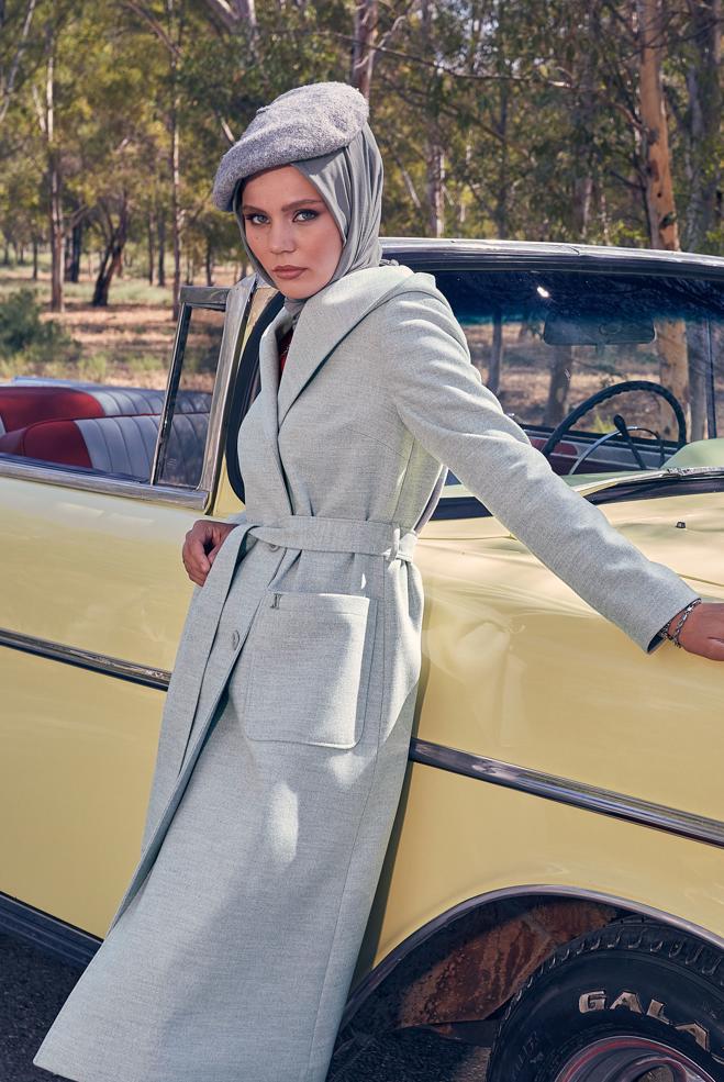 Vêtements hijab ARGENT MANTEAU CEINTURE 90445 - ALVİNA
