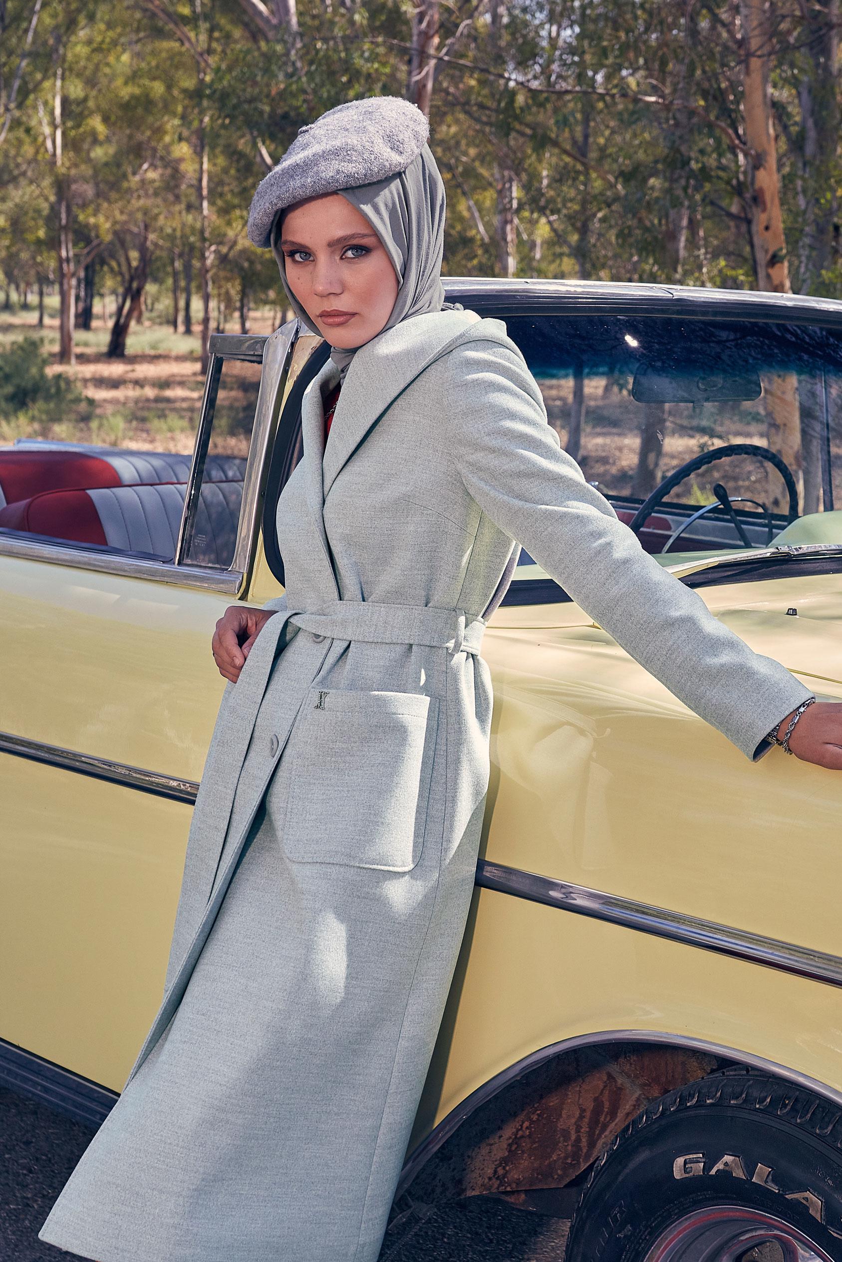 Tesettür giyim GÜMÜŞ KUŞAKLI KABAN 90445