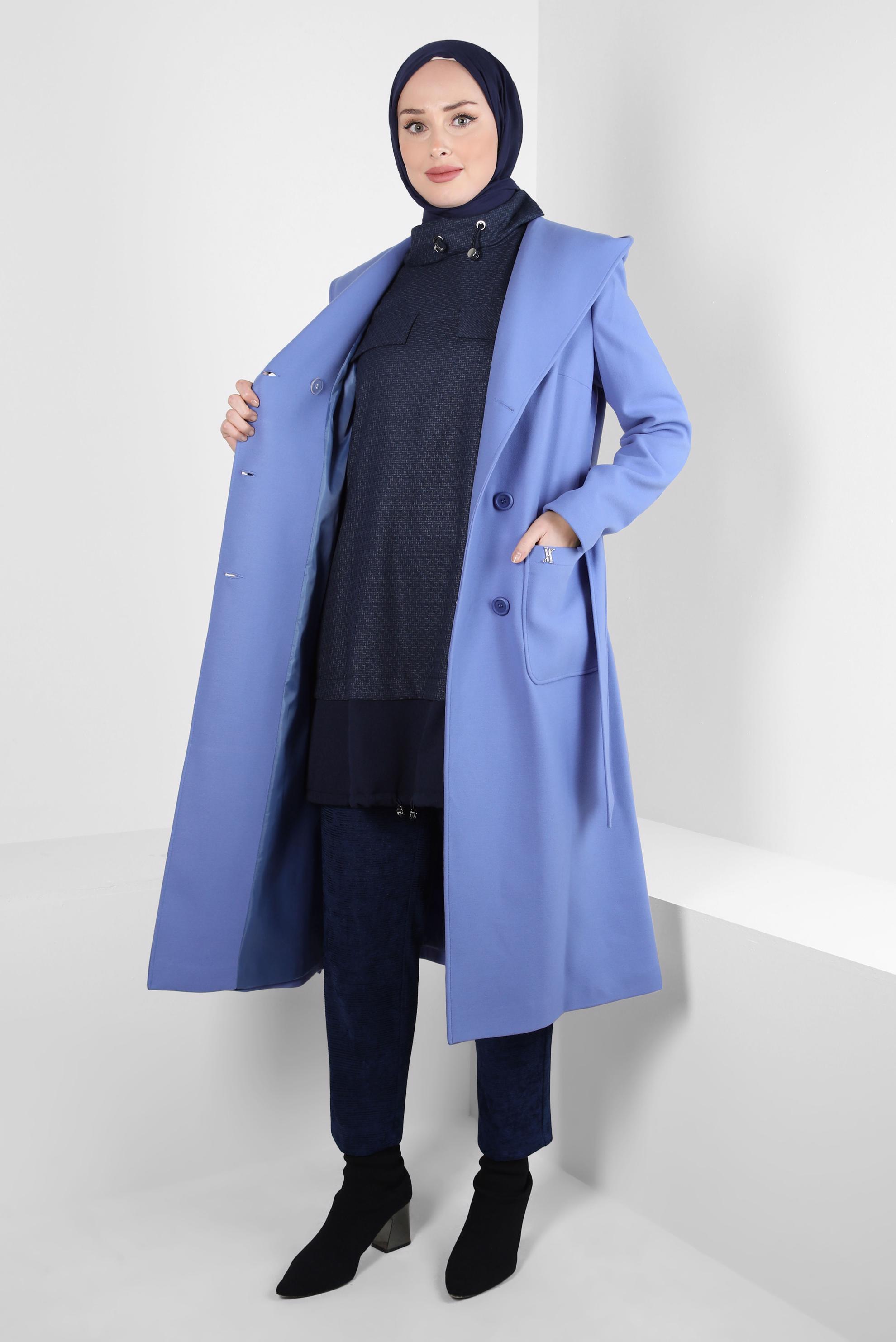 Tesettür giyim LACİVERT KUŞAKLI KABAN 90445