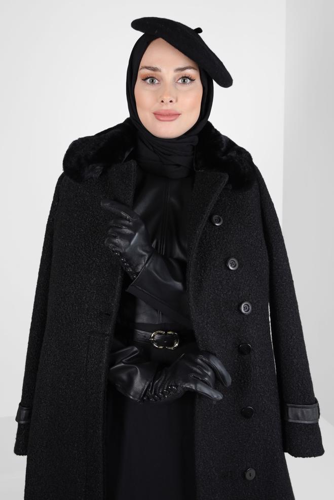 Tesettür giyim SİYAH YAKA DETAYLI KUŞAKLI KABAN 90446 - ALVİNA
