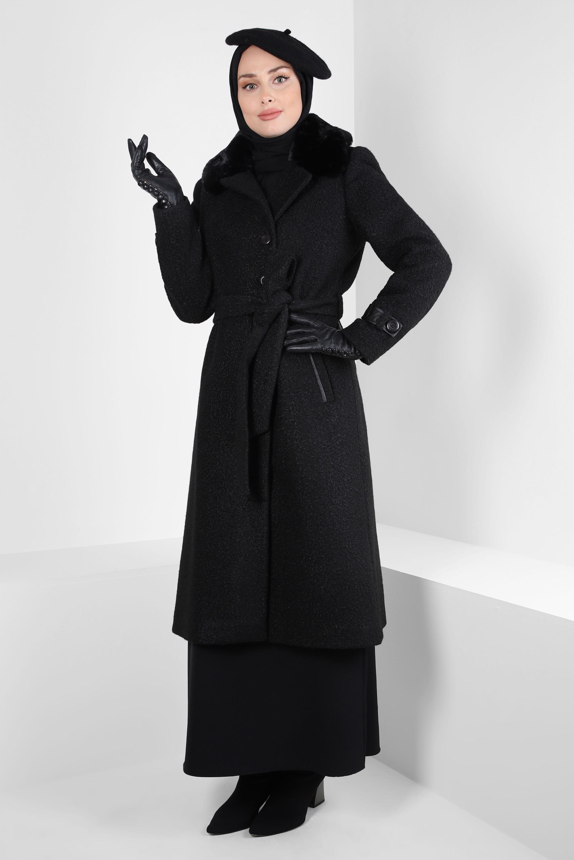 Tesettür giyim SİYAH YAKA DETAYLI KUŞAKLI KABAN 90446