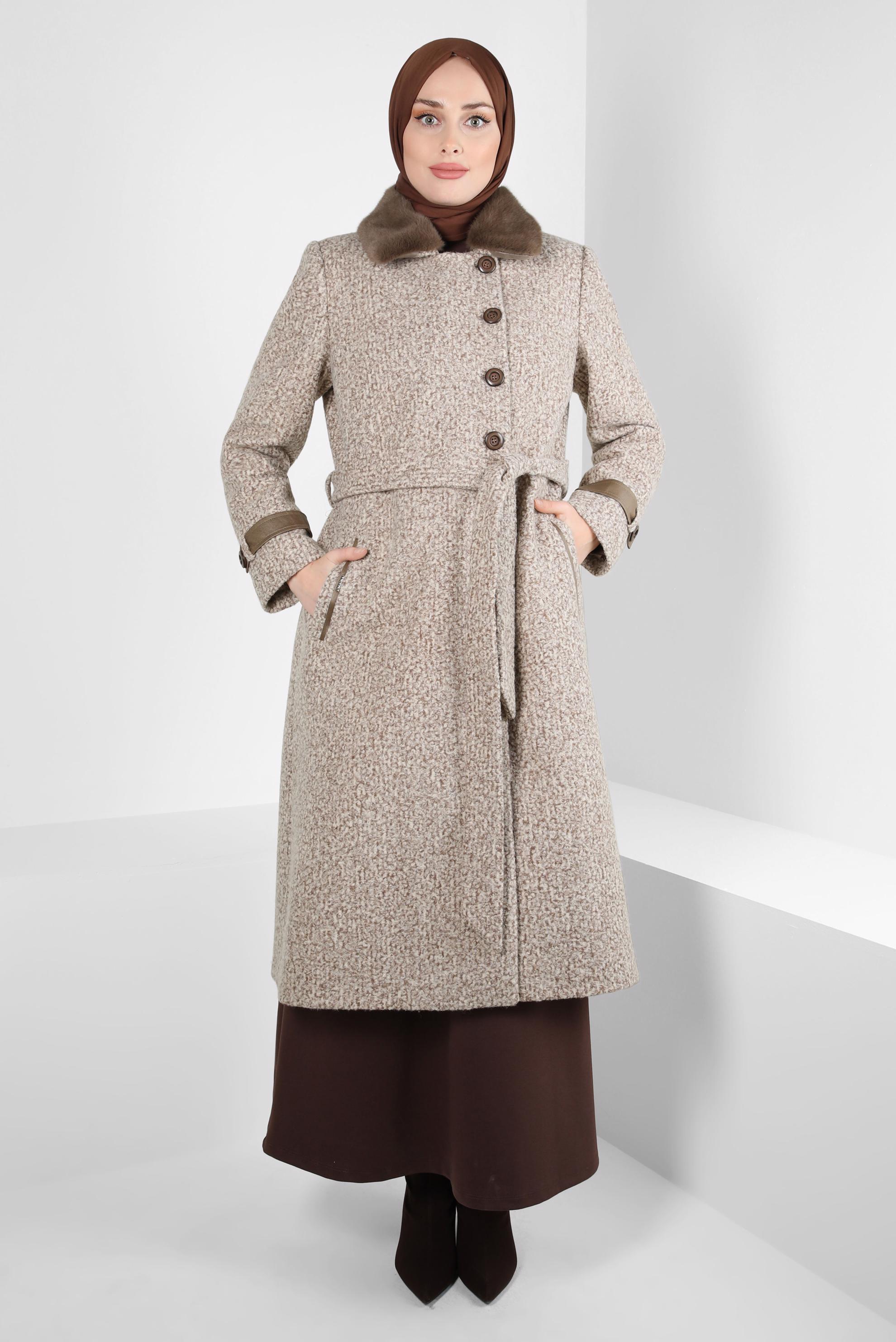 Tesettür giyim VİZON YAKA DETAYLI KUŞAKLI KABAN 90446