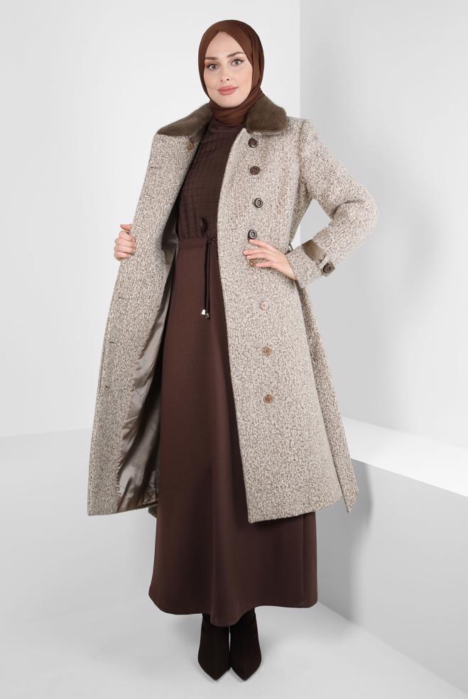 Tesettür giyim VİZON YAKA DETAYLI KUŞAKLI KABAN 90446 - ALVİNA