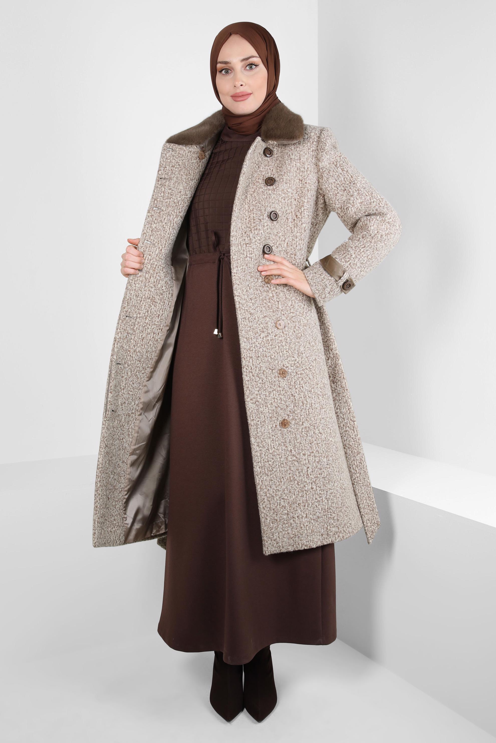 Tesettür giyim VİZON YAKA DETAYLI KUŞAKLI KABAN 90446