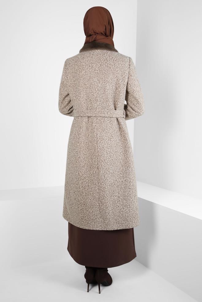 Tesettür giyim VİZON YAKA DETAYLI KUŞAKLI KABAN 90446 - ALVİNA