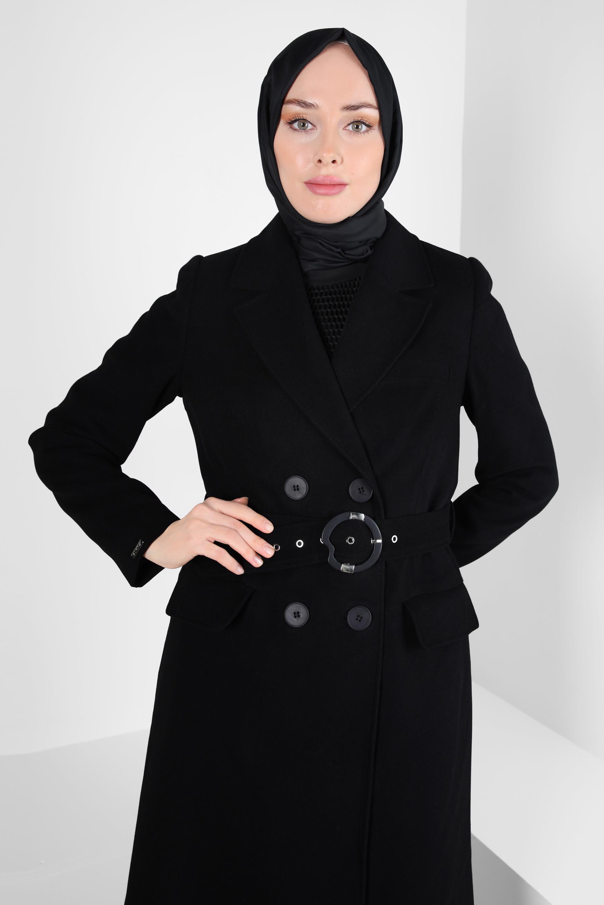 Tesettür giyim SİYAH KEMERLİ KRUVAZE YAKA KABAN 90448