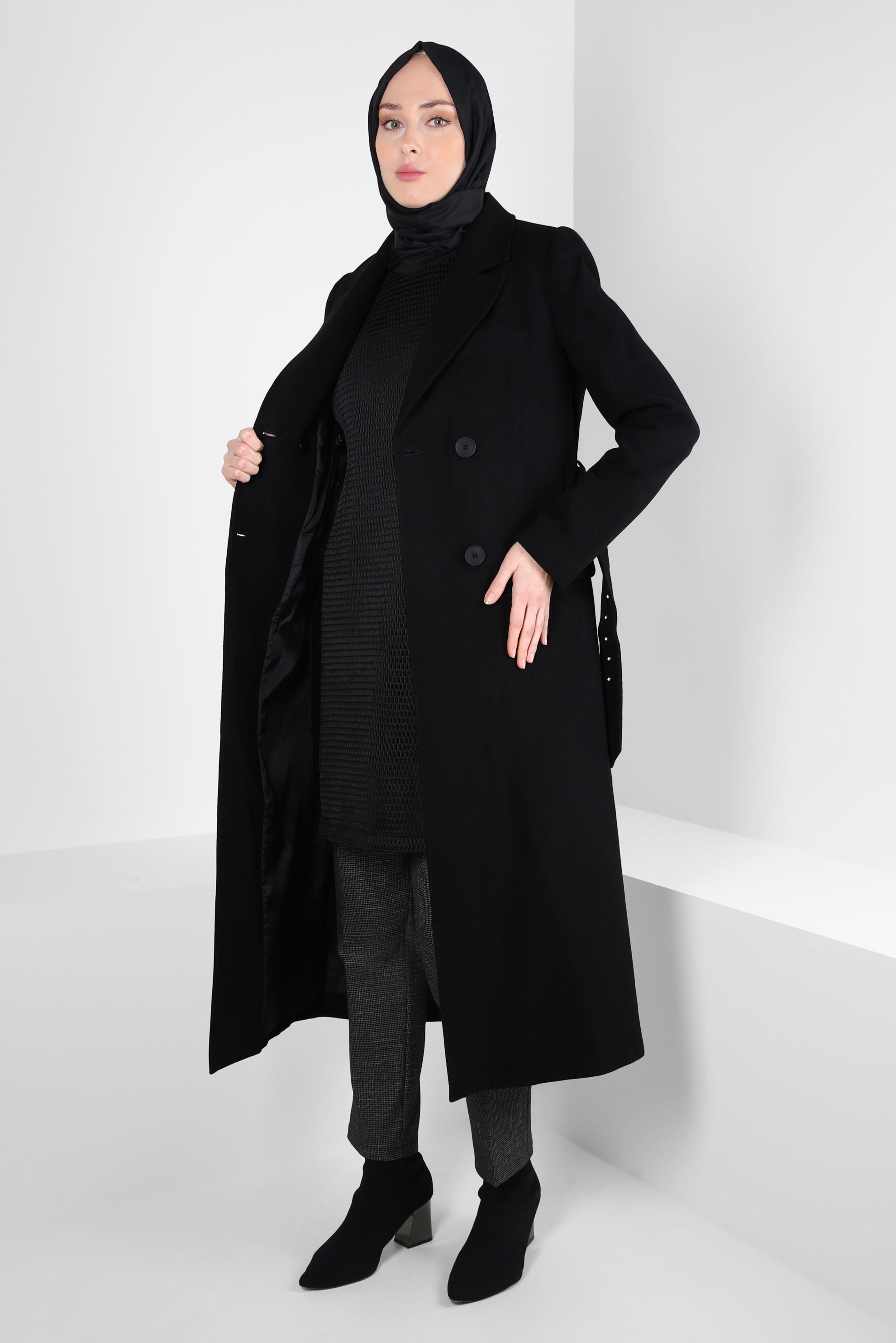 Tesettür giyim SİYAH KEMERLİ KRUVAZE YAKA KABAN 90448