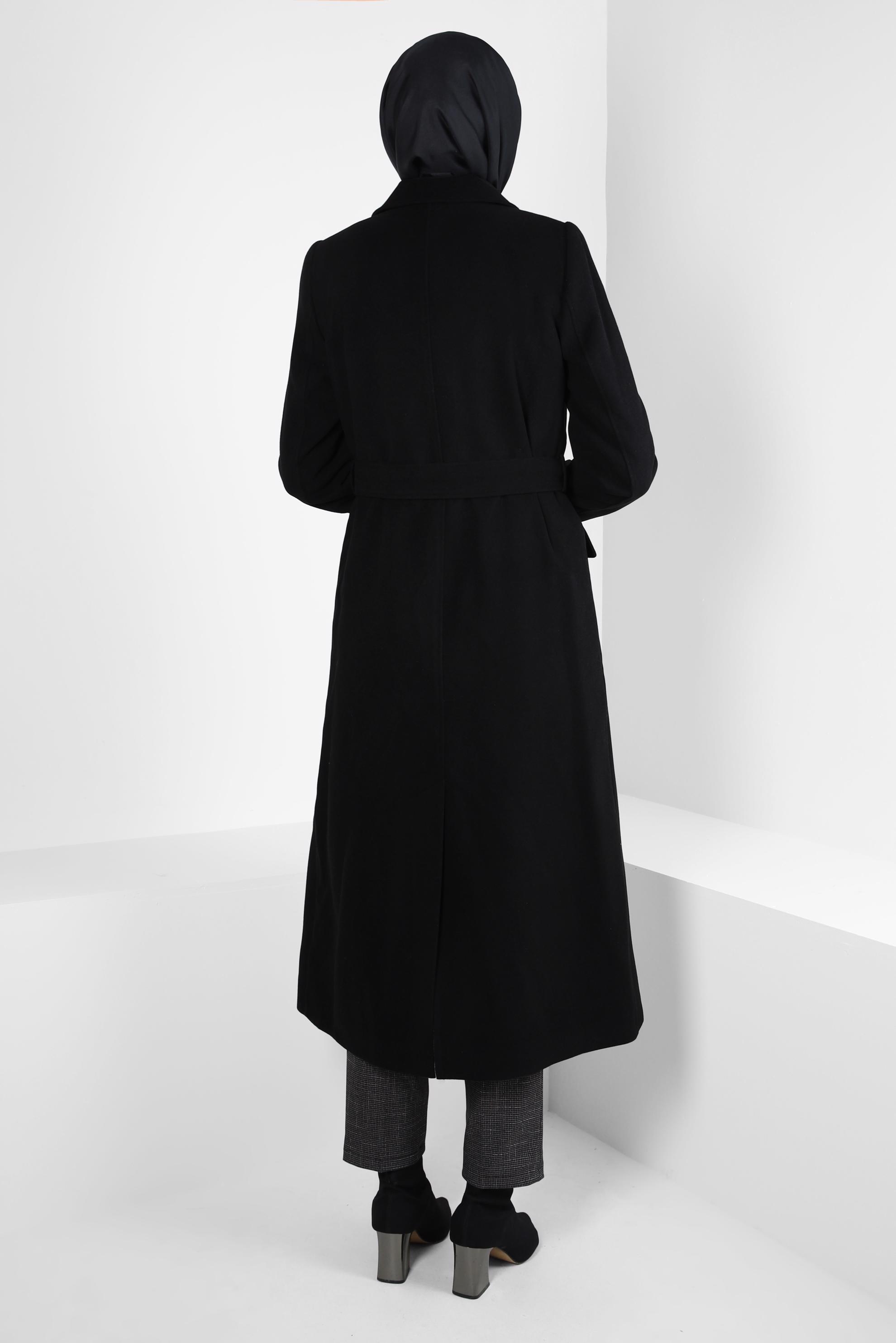 Tesettür giyim SİYAH KEMERLİ KRUVAZE YAKA KABAN 90448