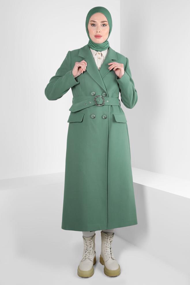 Tesettür giyim YEŞİL KEMERLİ KRUVAZE YAKA KABAN 90448 - ALVİNA