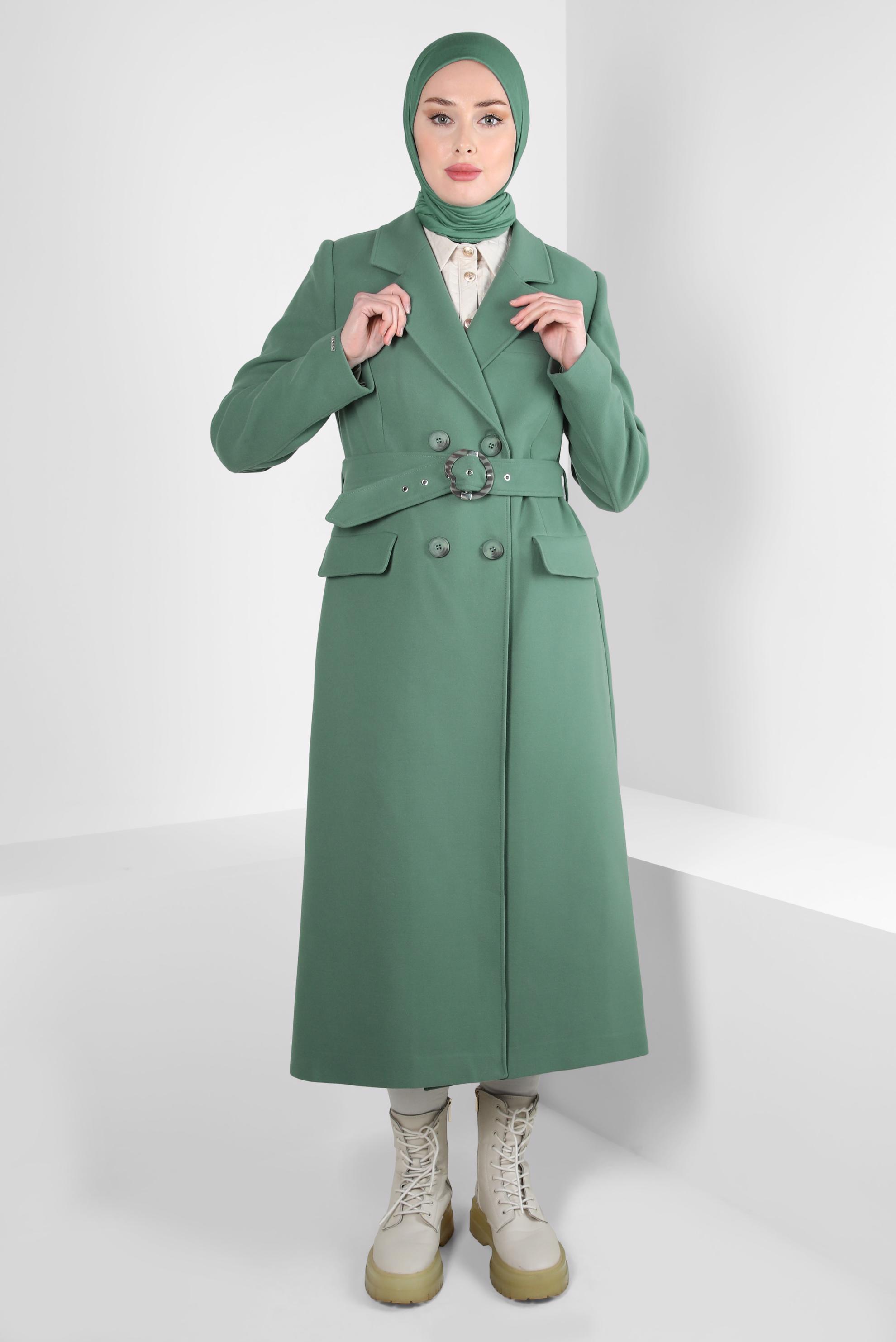 Tesettür giyim YEŞİL KEMERLİ KRUVAZE YAKA KABAN 90448