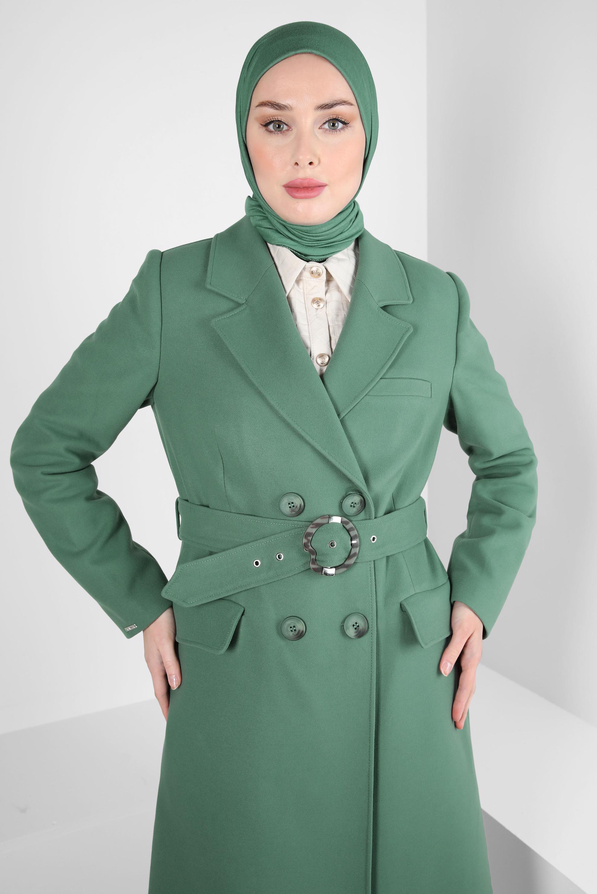 Tesettür giyim YEŞİL KEMERLİ KRUVAZE YAKA KABAN 90448