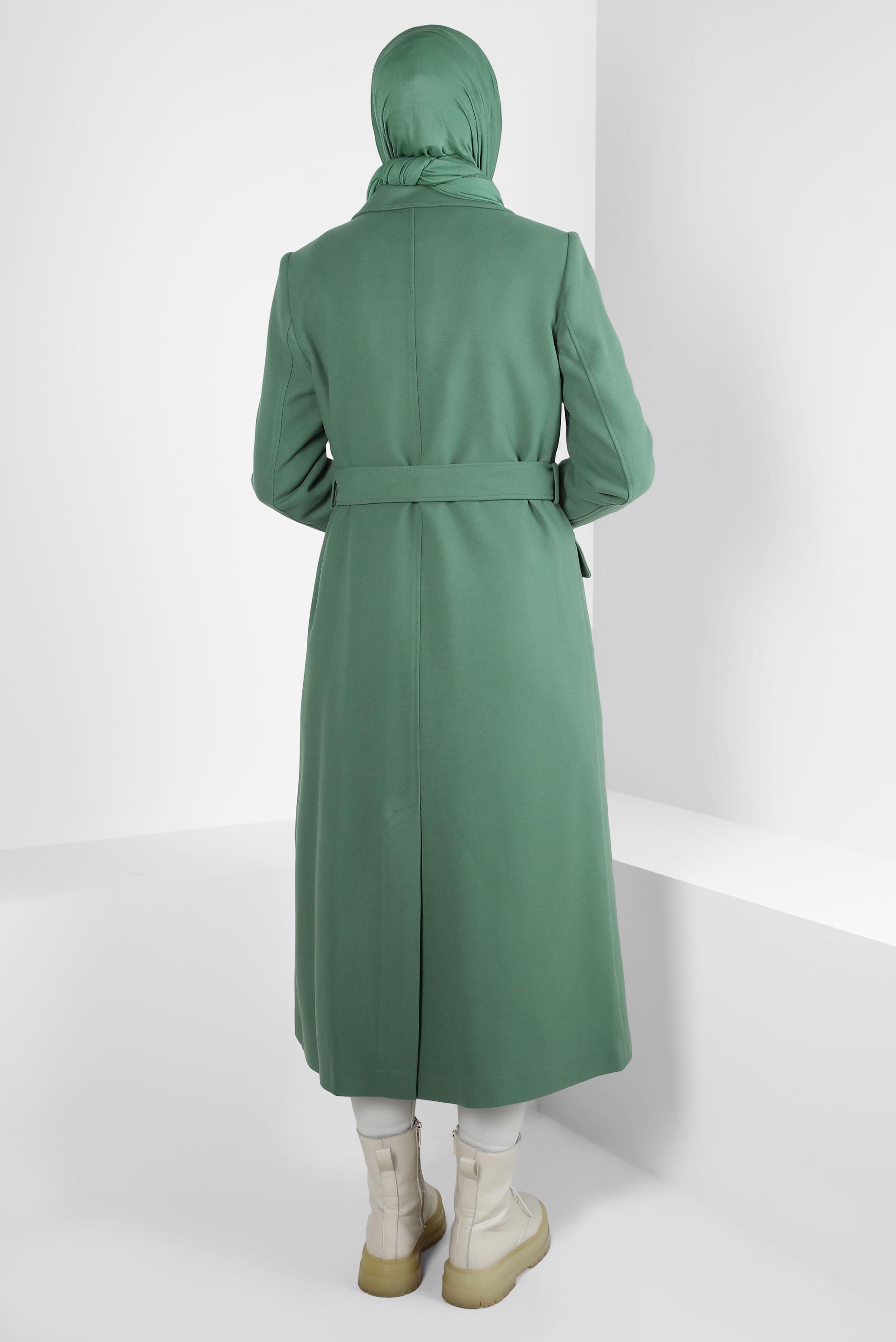 Tesettür giyim YEŞİL KEMERLİ KRUVAZE YAKA KABAN 90448
