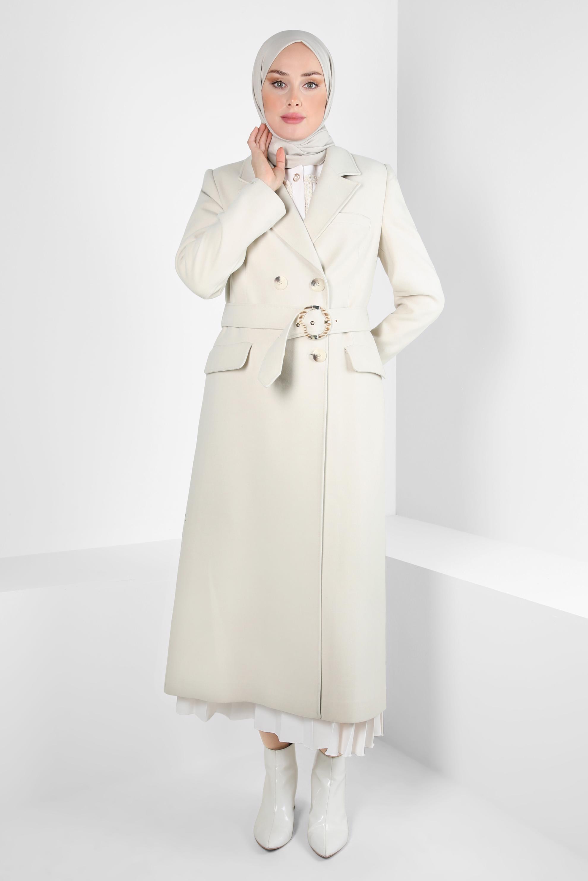 Tesettür giyim EKRU KEMERLİ KRUVAZE YAKA KABAN 90448