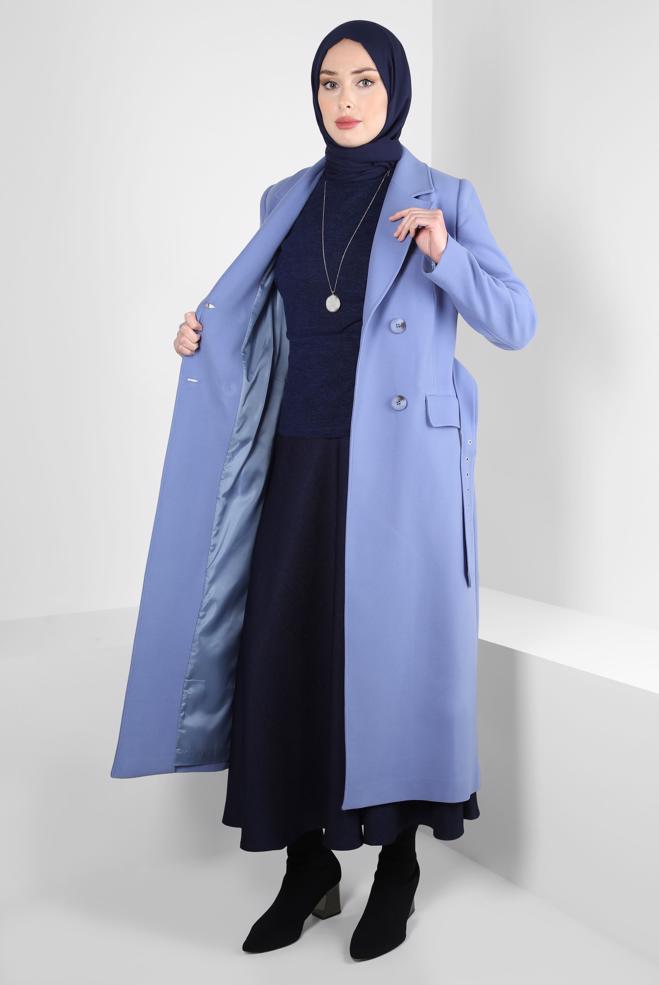 Tesettür giyim MAVİ KEMERLİ KRUVAZE YAKA KABAN 90448 - ALVİNA