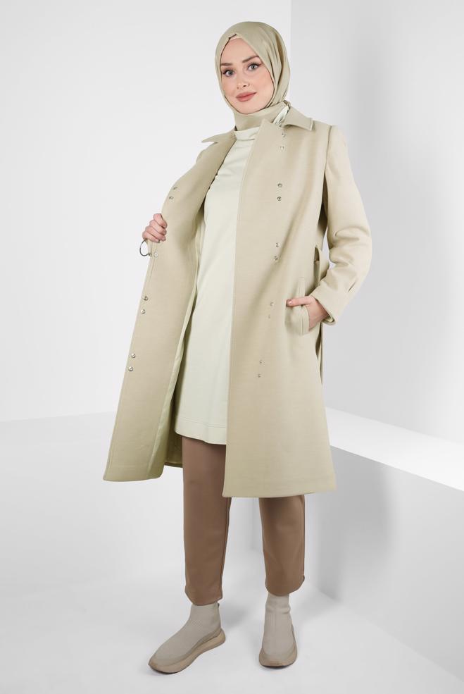 Hijab clothing BEIGE BELTED SNAPPED COAT 90449 - ALVİNA