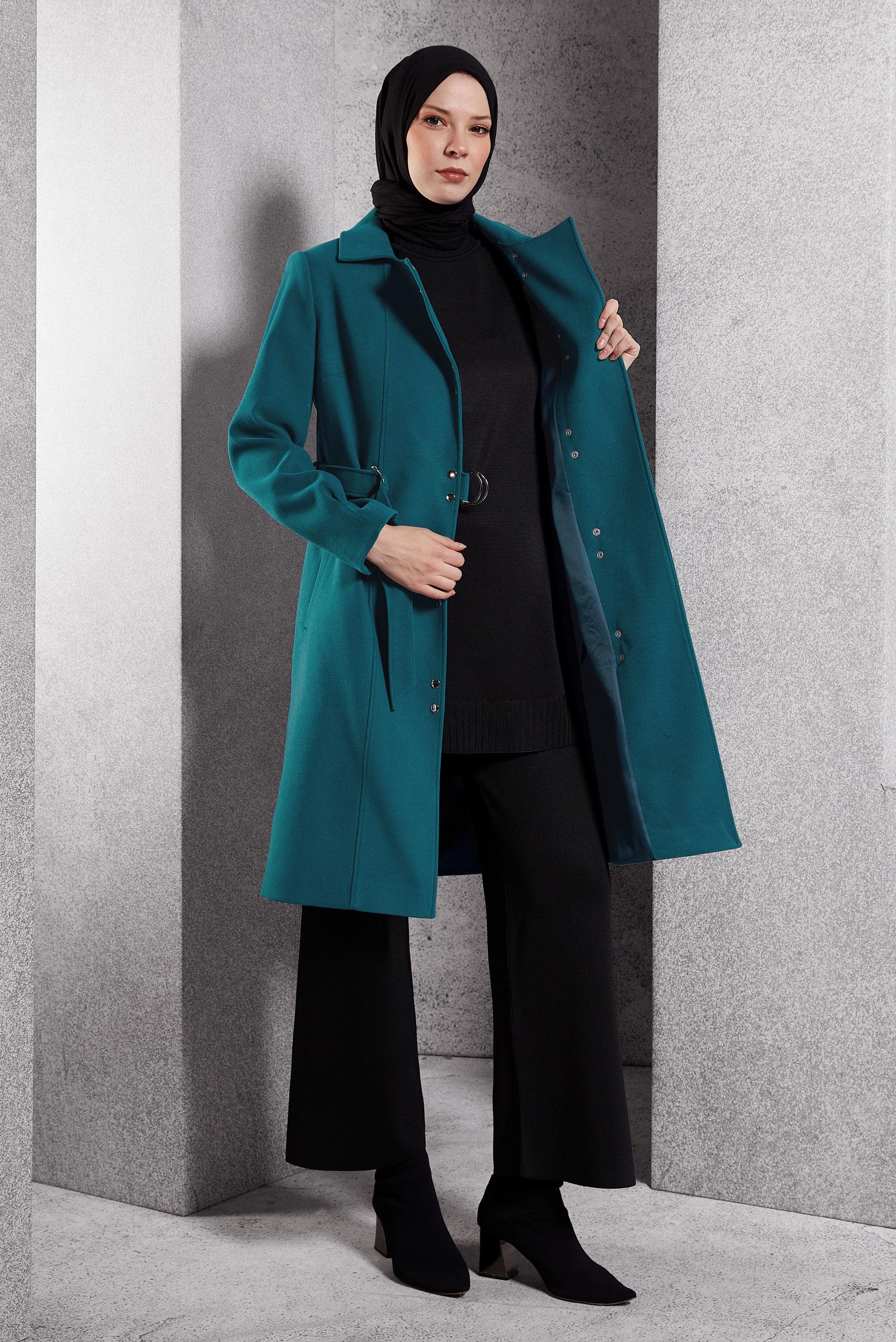 Tesettür giyim MAVİ KUŞAKLI ÇITÇITLI KABAN 90449