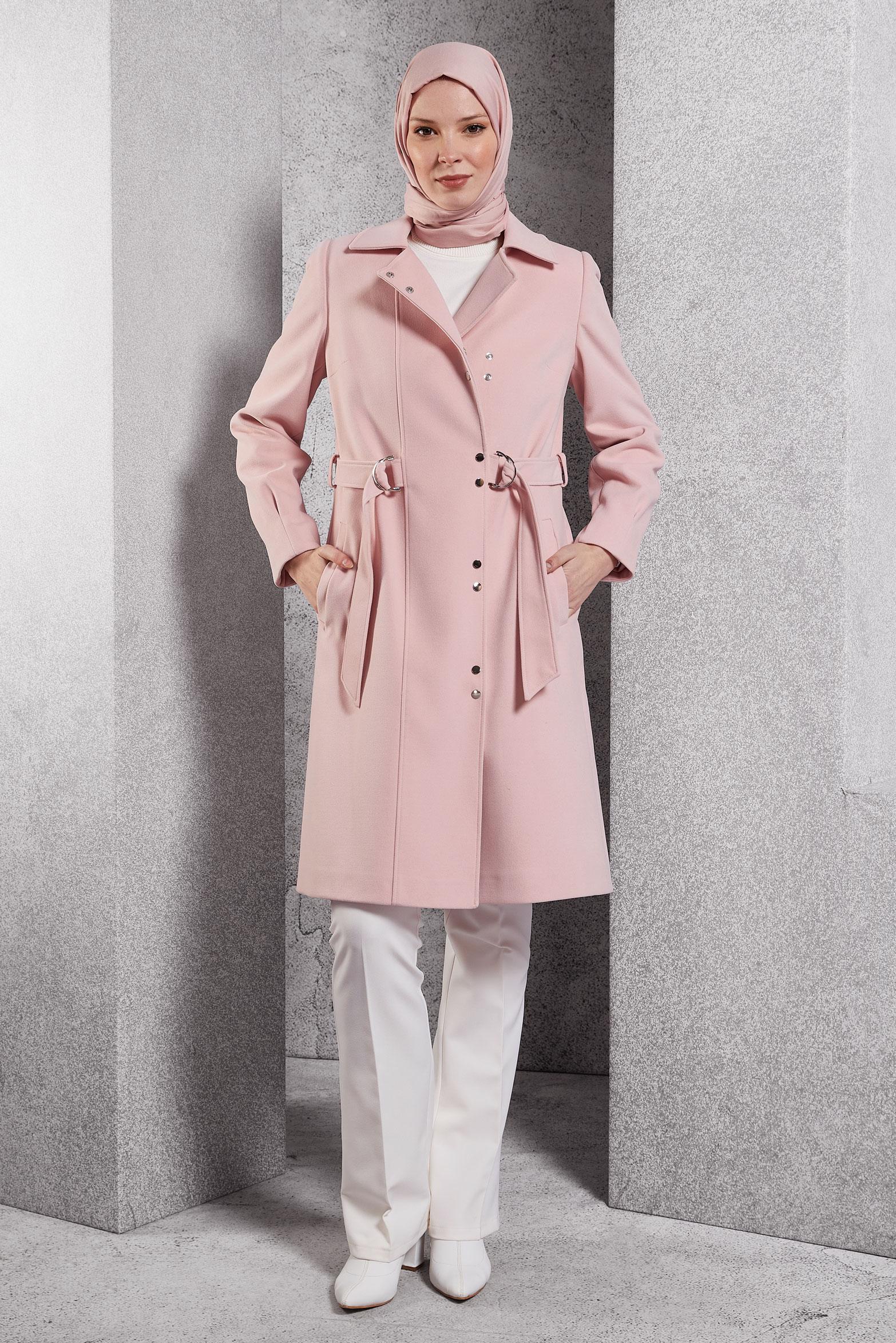 Tesettür giyim PUDRA KUŞAKLI ÇITÇITLI KABAN 90449