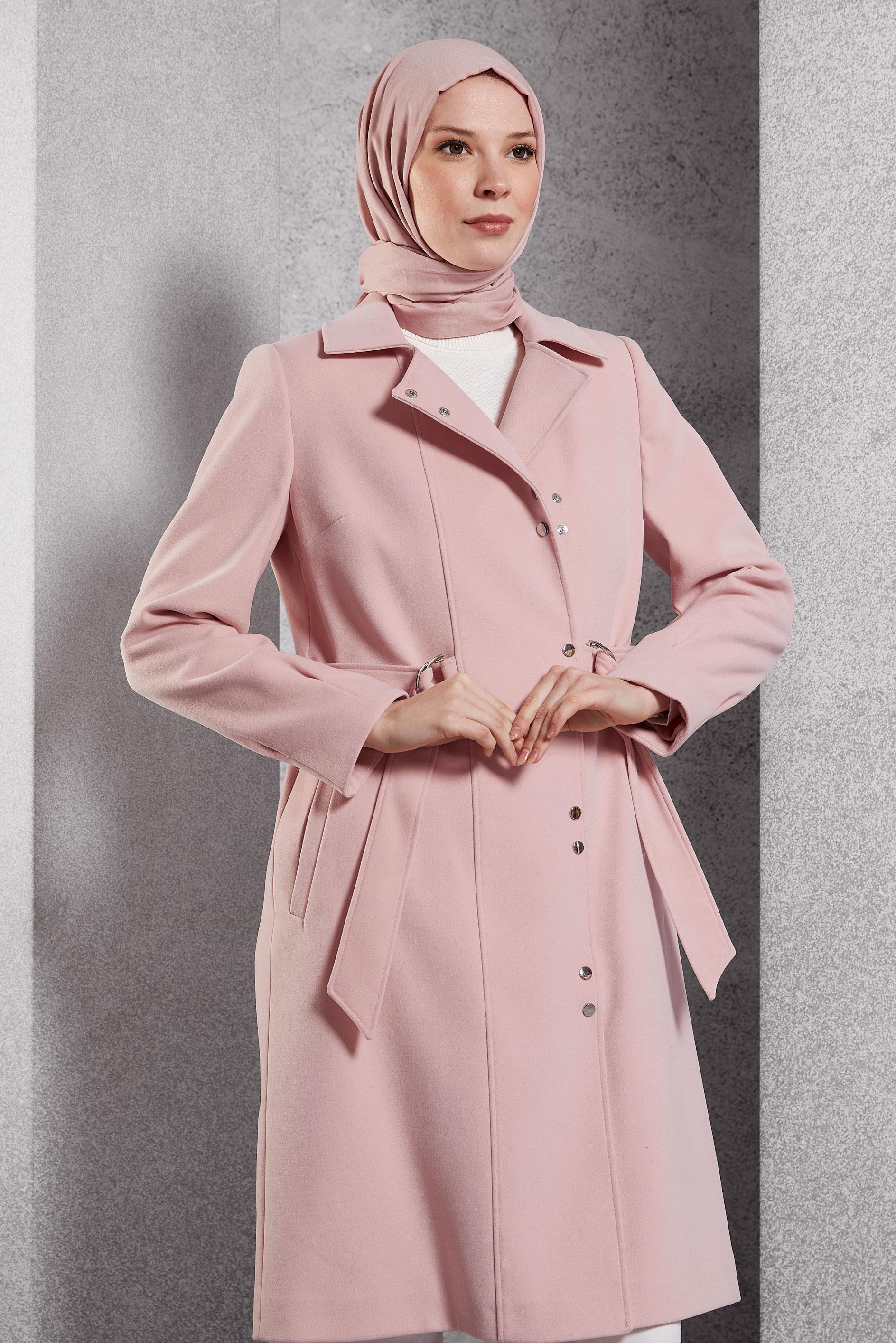 Tesettür giyim PUDRA KUŞAKLI ÇITÇITLI KABAN 90449