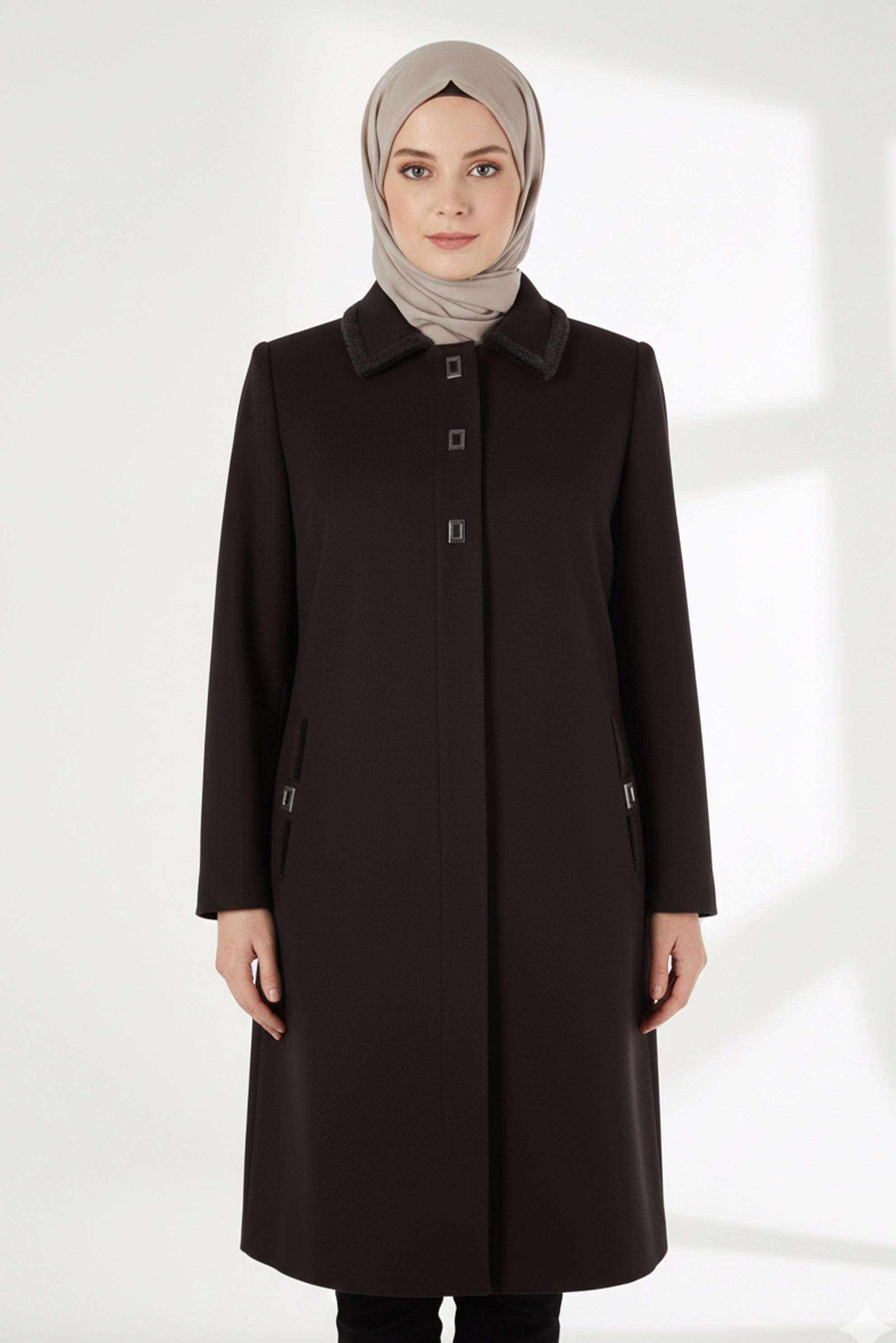 Hijab clothing BROWN COAT WITH ACCESSORY DETAIL 90451