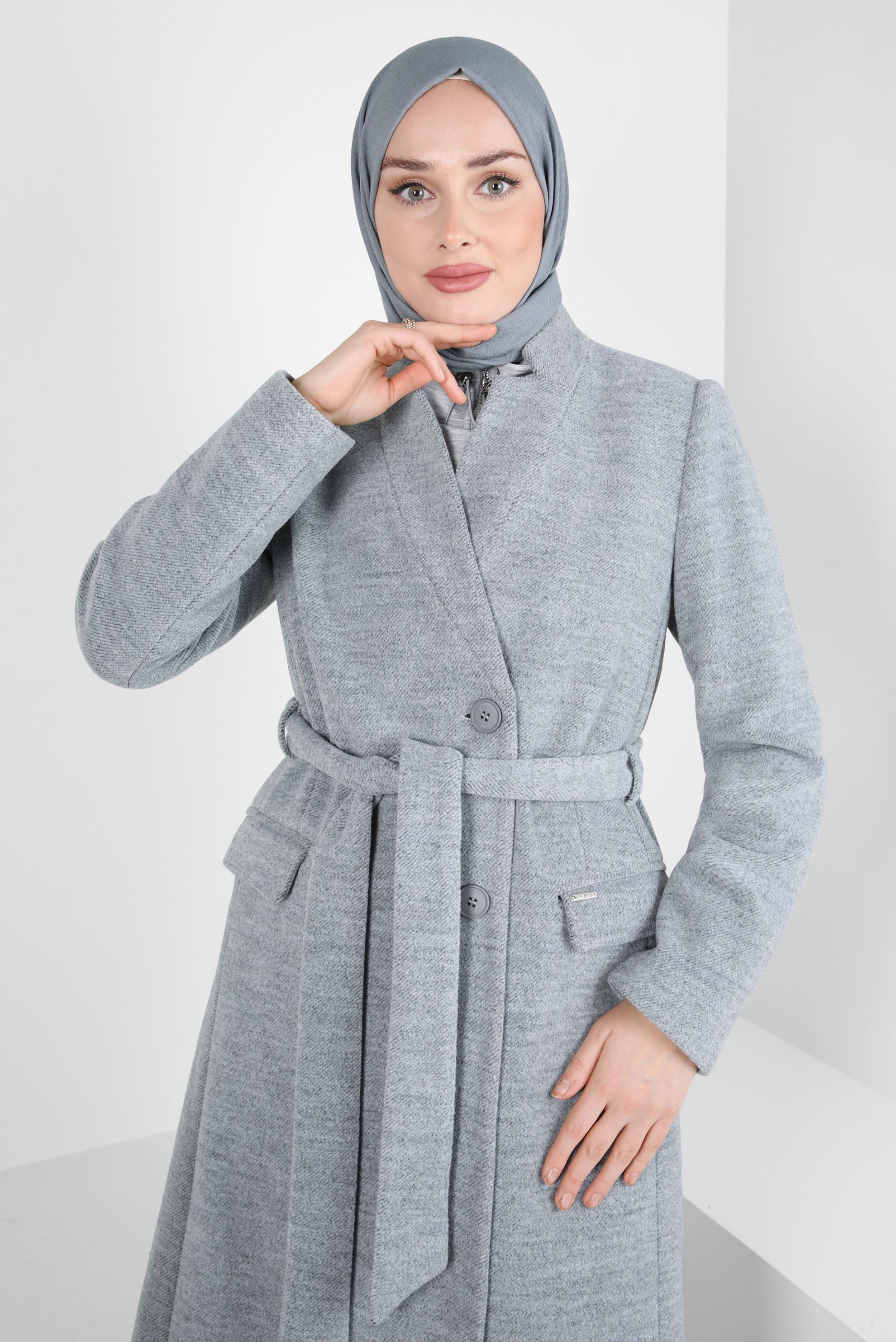 Tesettür giyim GRİ KUŞAKLI KABAN 90454