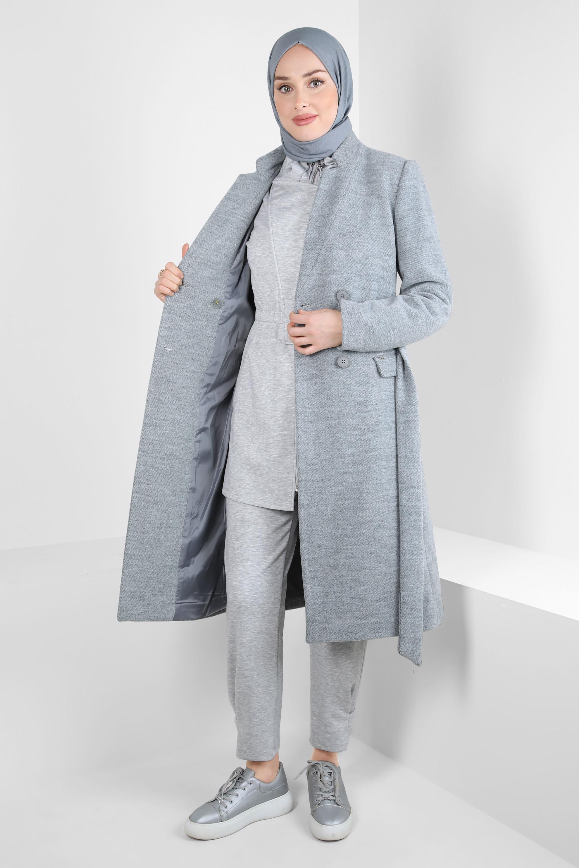 Tesettür giyim GRİ KUŞAKLI KABAN 90454