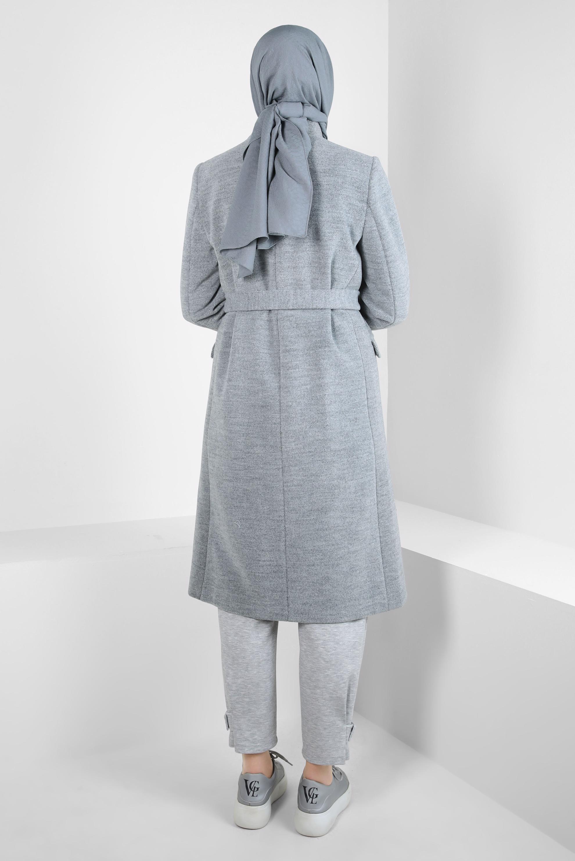 Tesettür giyim GRİ KUŞAKLI KABAN 90454