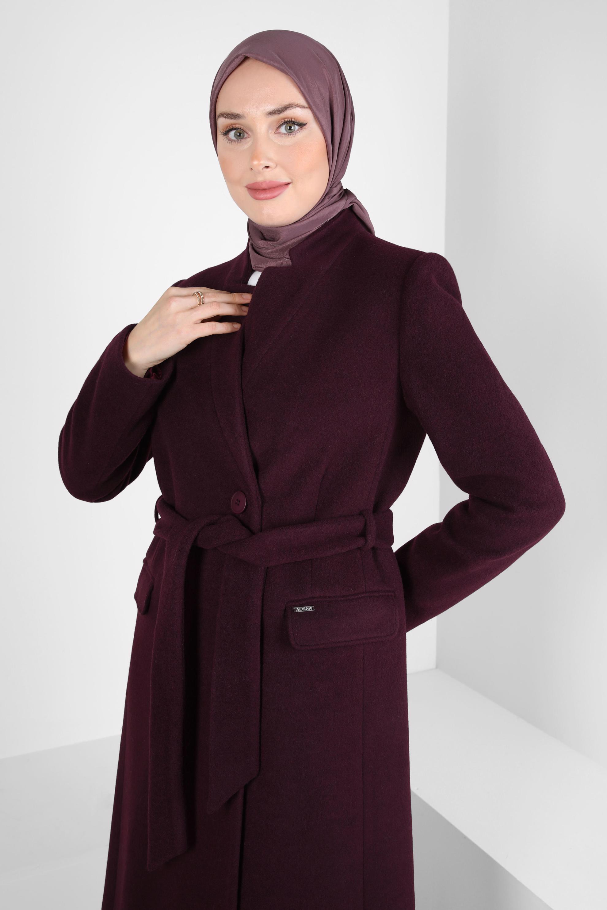 Tesettür giyim BORDO KUŞAKLI KABAN 90454