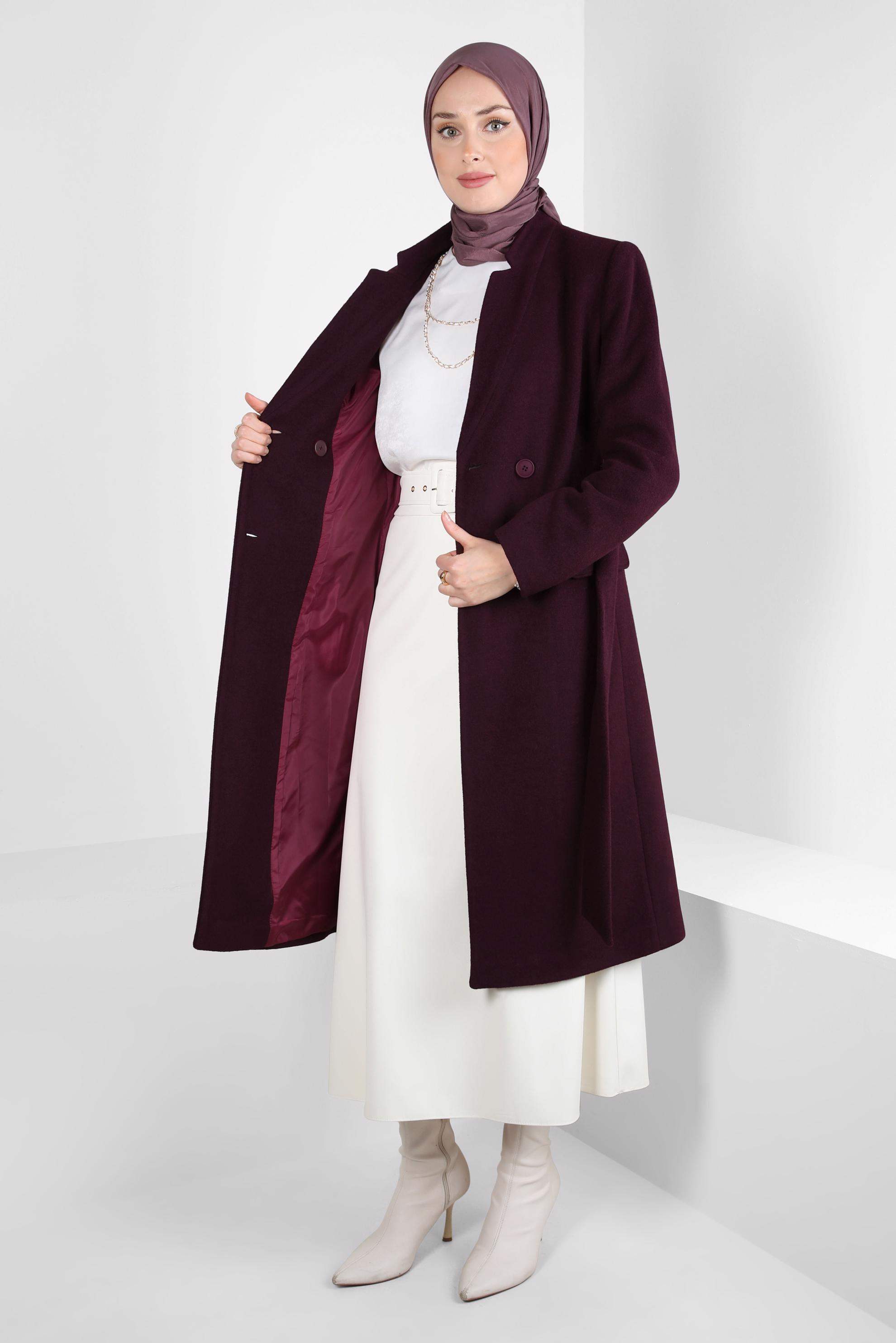 Tesettür giyim BORDO KUŞAKLI KABAN 90454