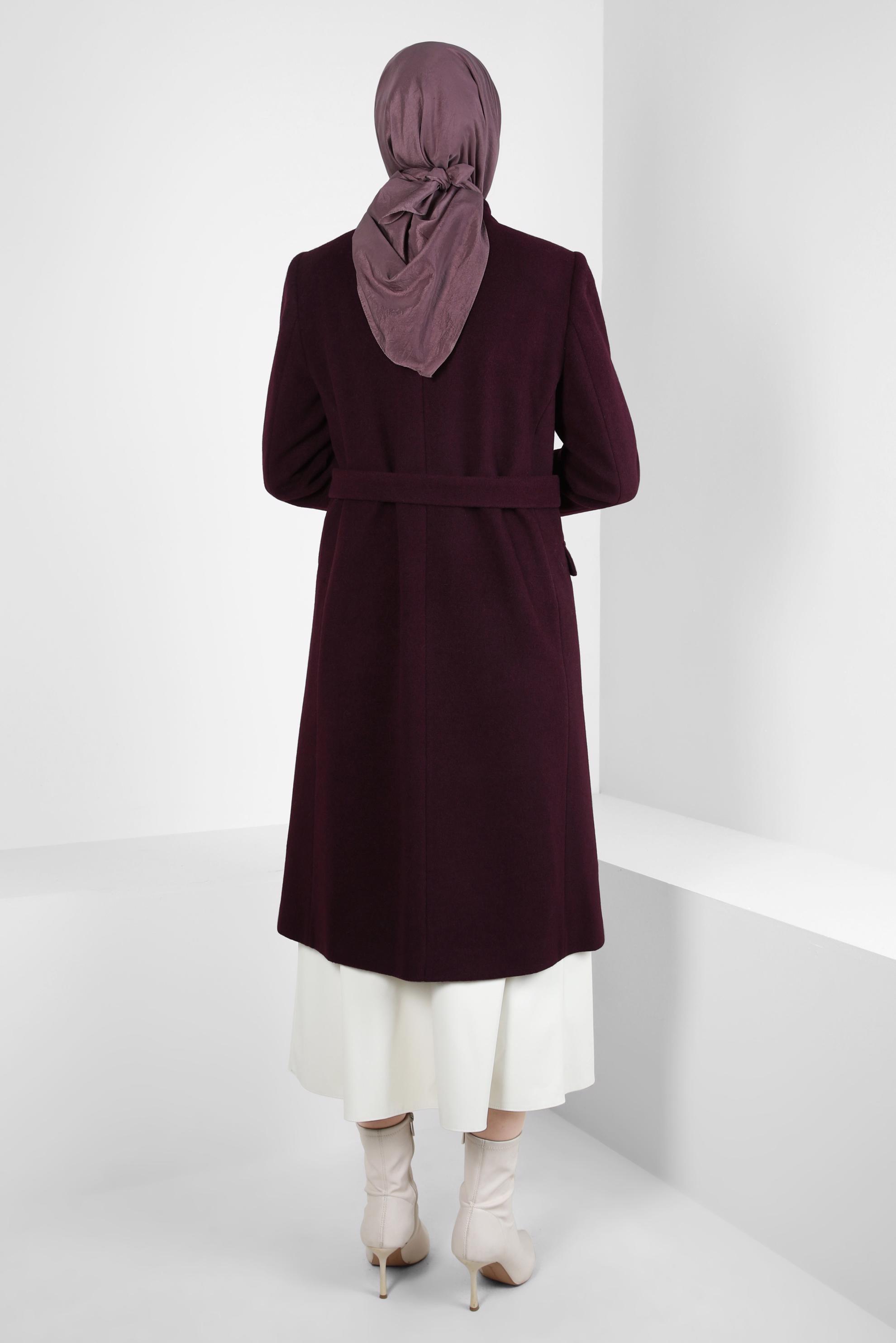 Tesettür giyim BORDO KUŞAKLI KABAN 90454