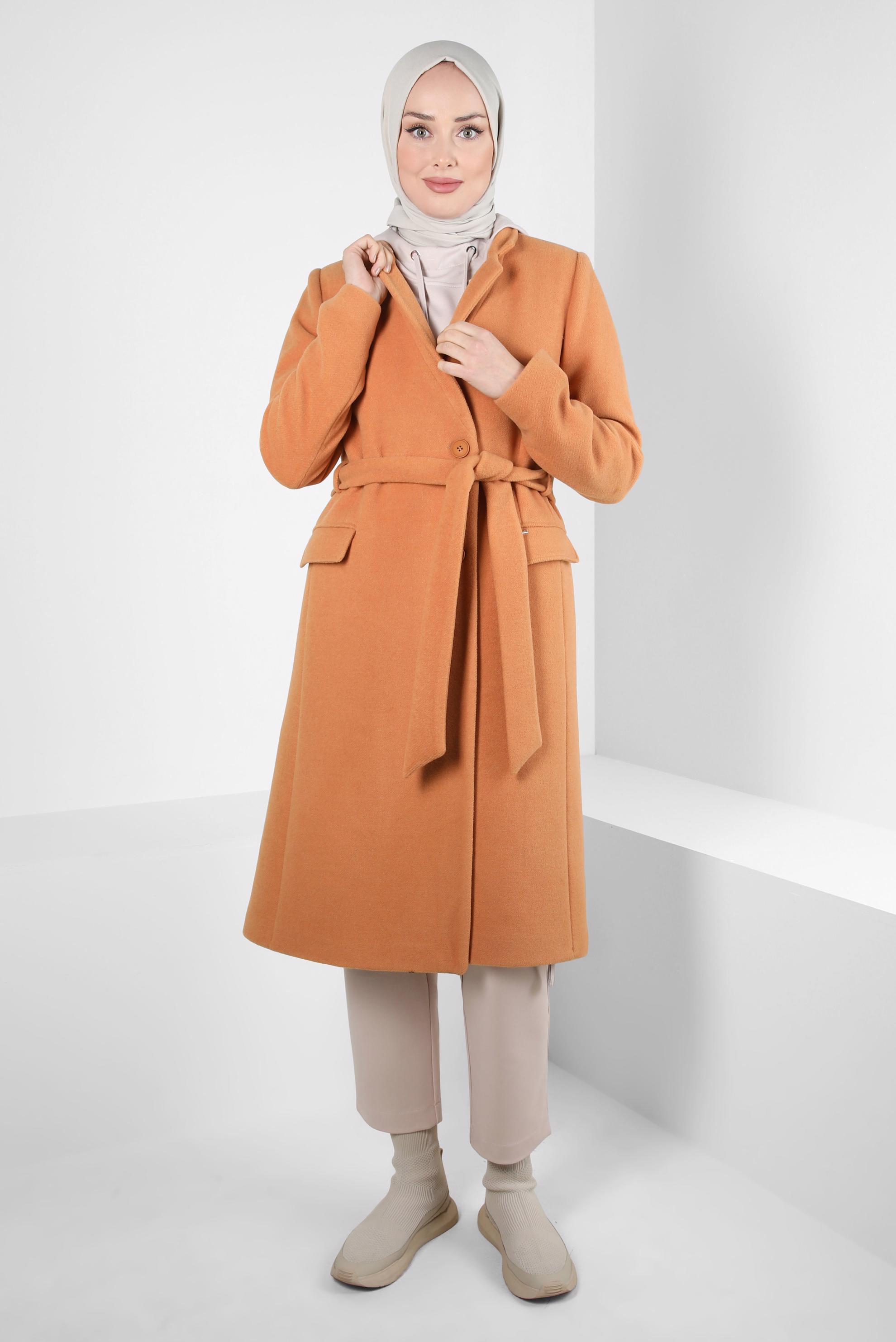 Tesettür giyim KAHVE KUŞAKLI KABAN 90454