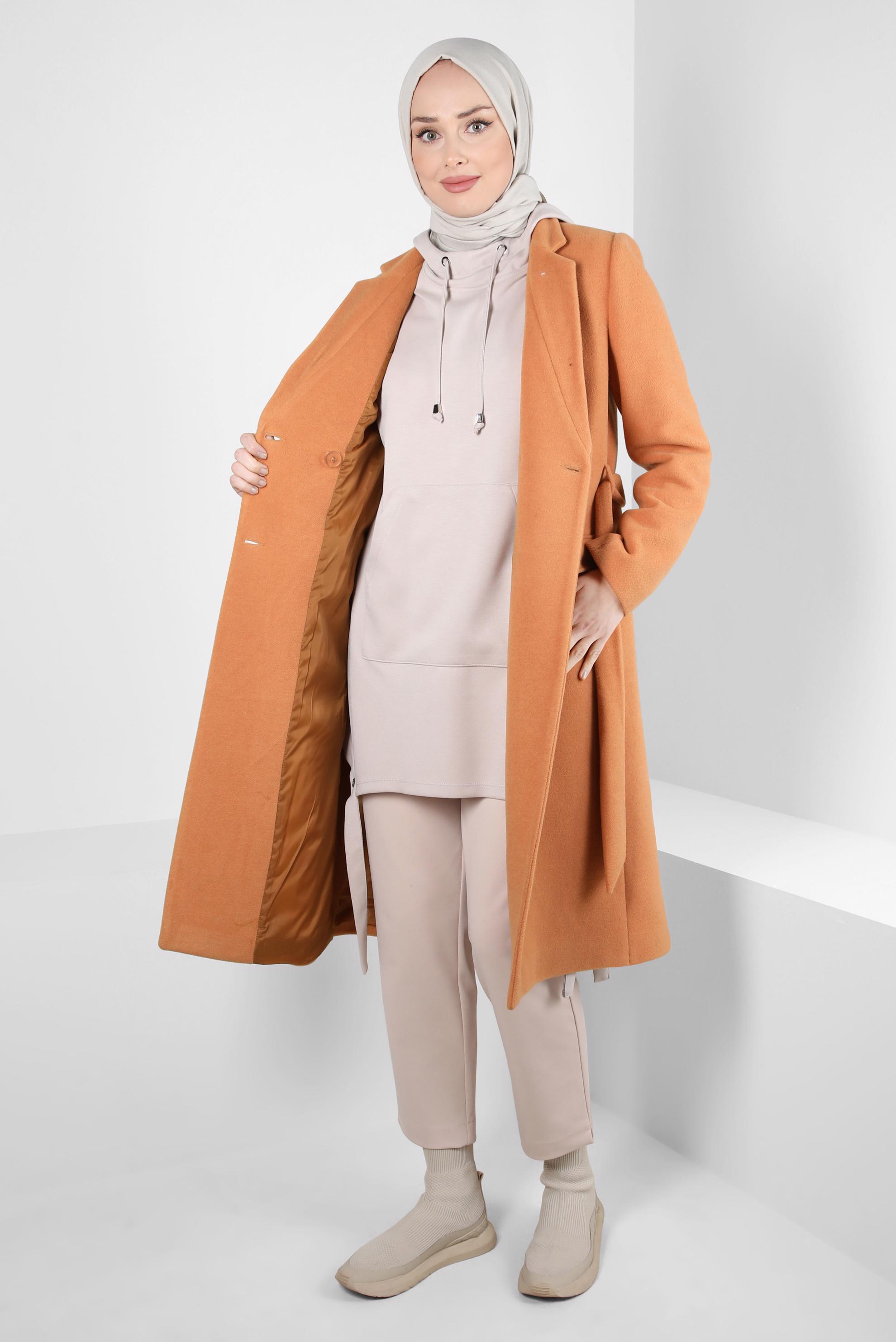 Tesettür giyim KAHVE KUŞAKLI KABAN 90454