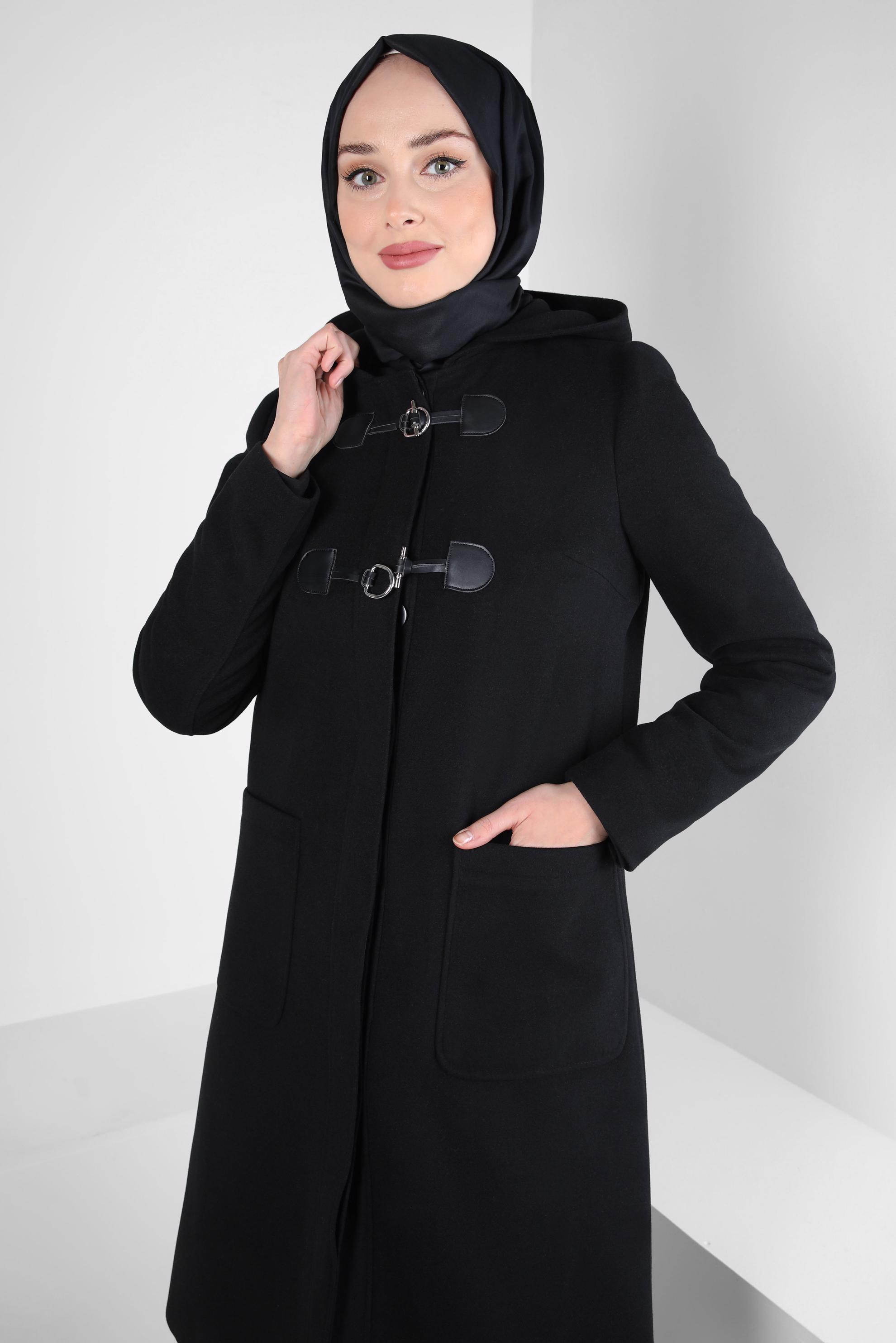 Tesettür giyim SİYAH KAPÜŞONLU KABAN 90455