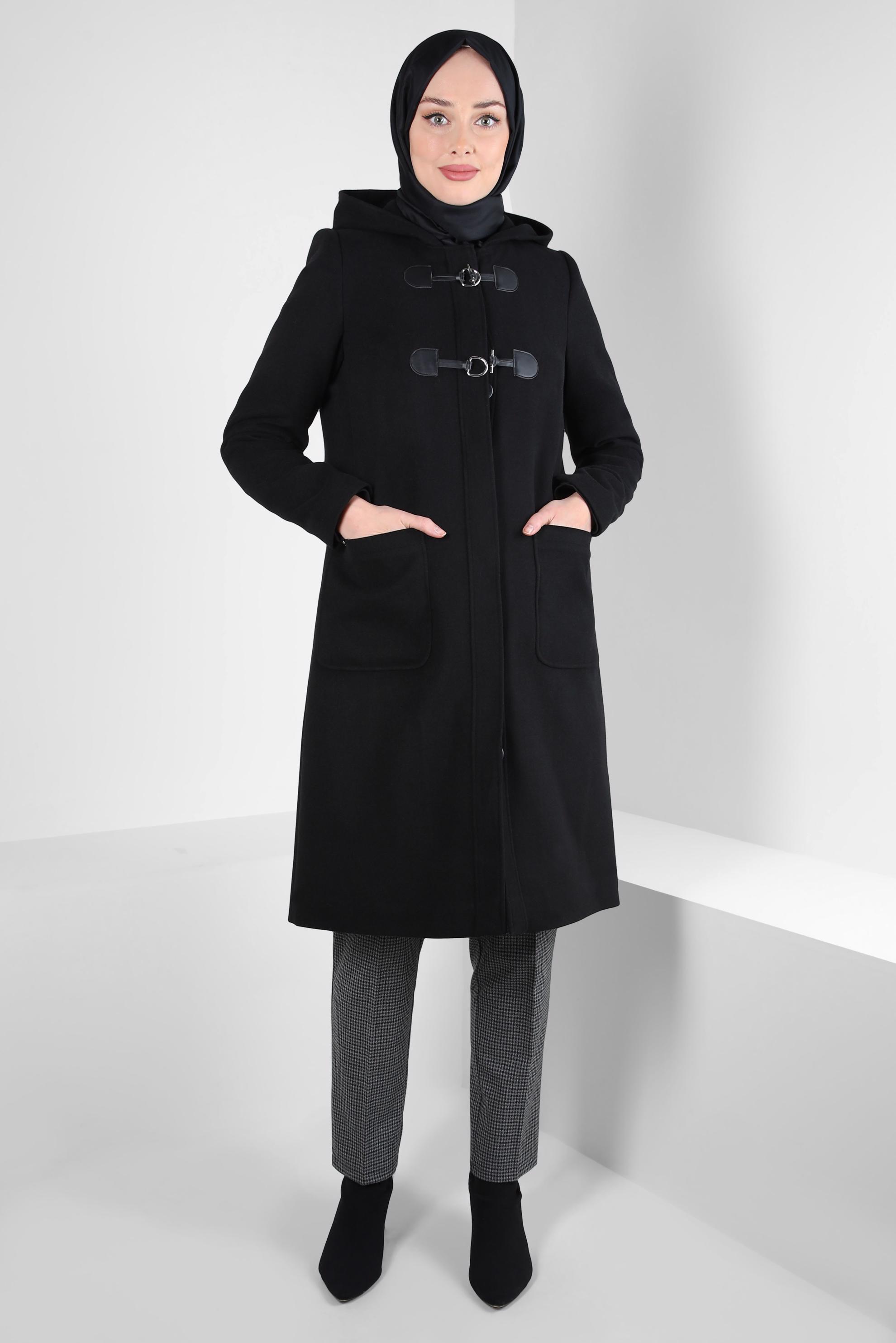 Tesettür giyim SİYAH KAPÜŞONLU KABAN 90455