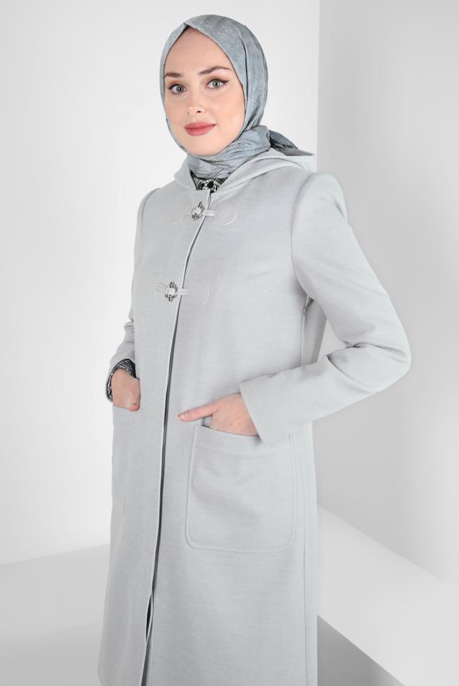 Tesettür giyim GRİ KAPÜŞONLU KABAN 90455 - ALVİNA