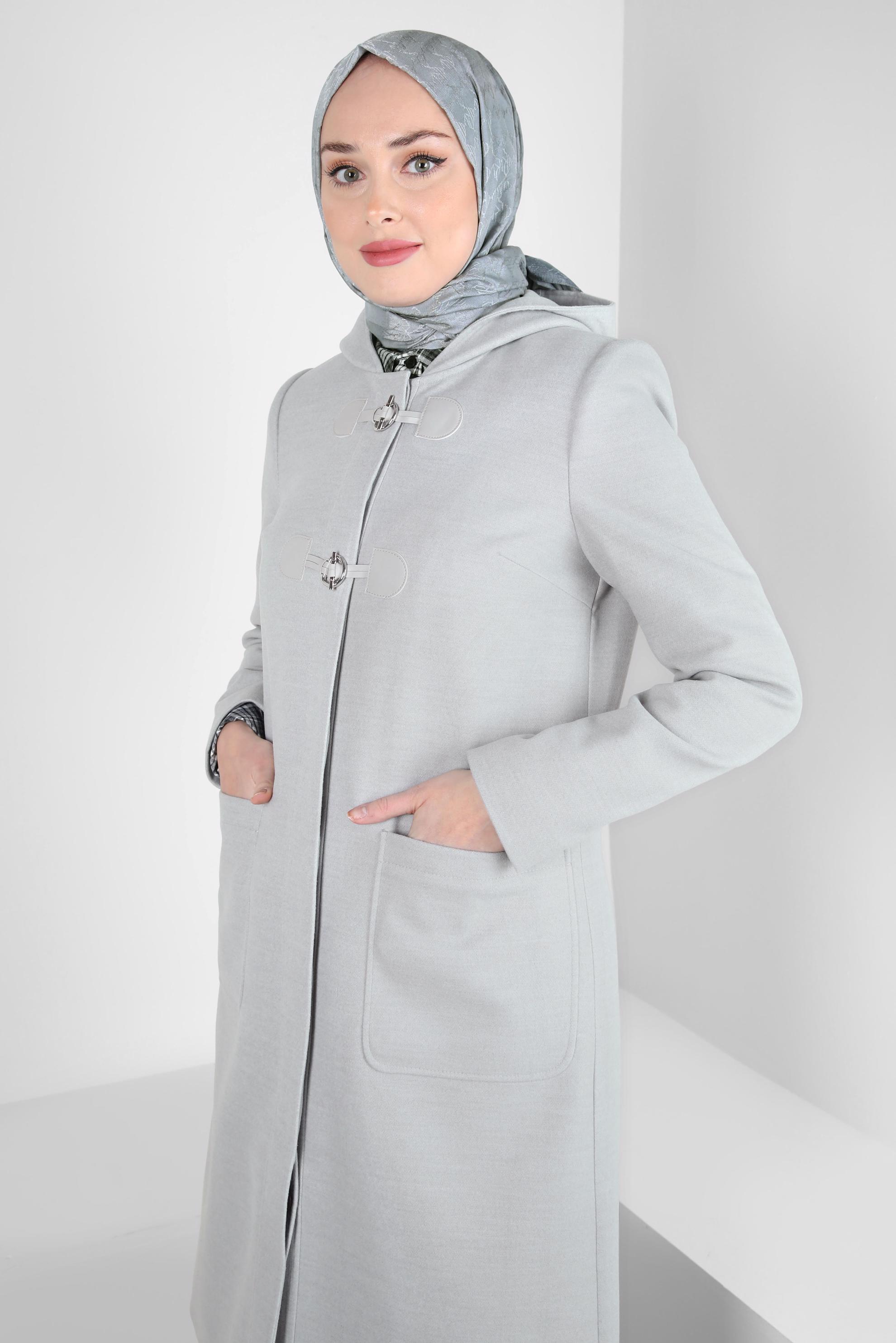 Tesettür giyim GRİ KAPÜŞONLU KABAN 90455