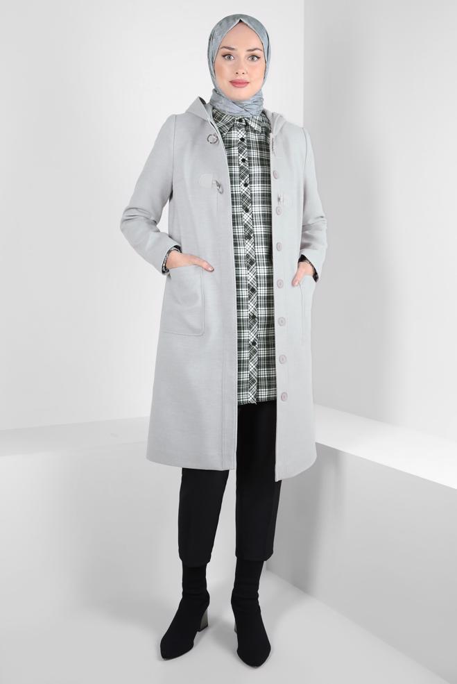 Tesettür giyim GRİ KAPÜŞONLU KABAN 90455 - ALVİNA