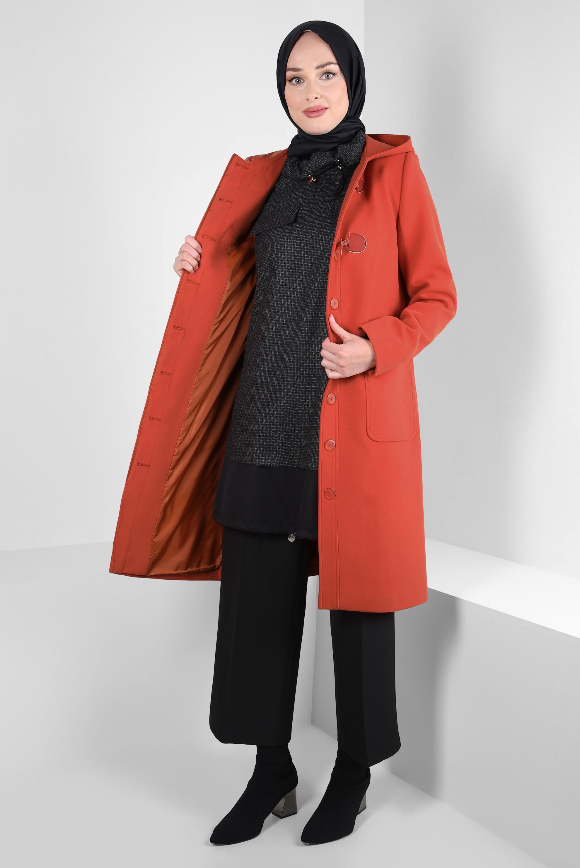 Tesettür giyim TURUNCU KAPÜŞONLU KABAN 90455