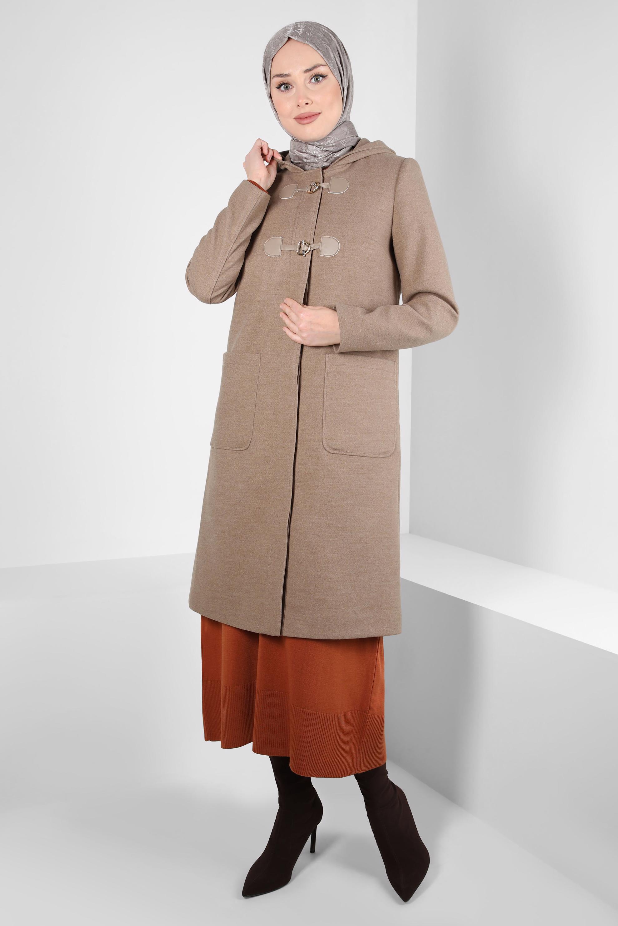 Tesettür giyim KAHVE KAPÜŞONLU KABAN 90455