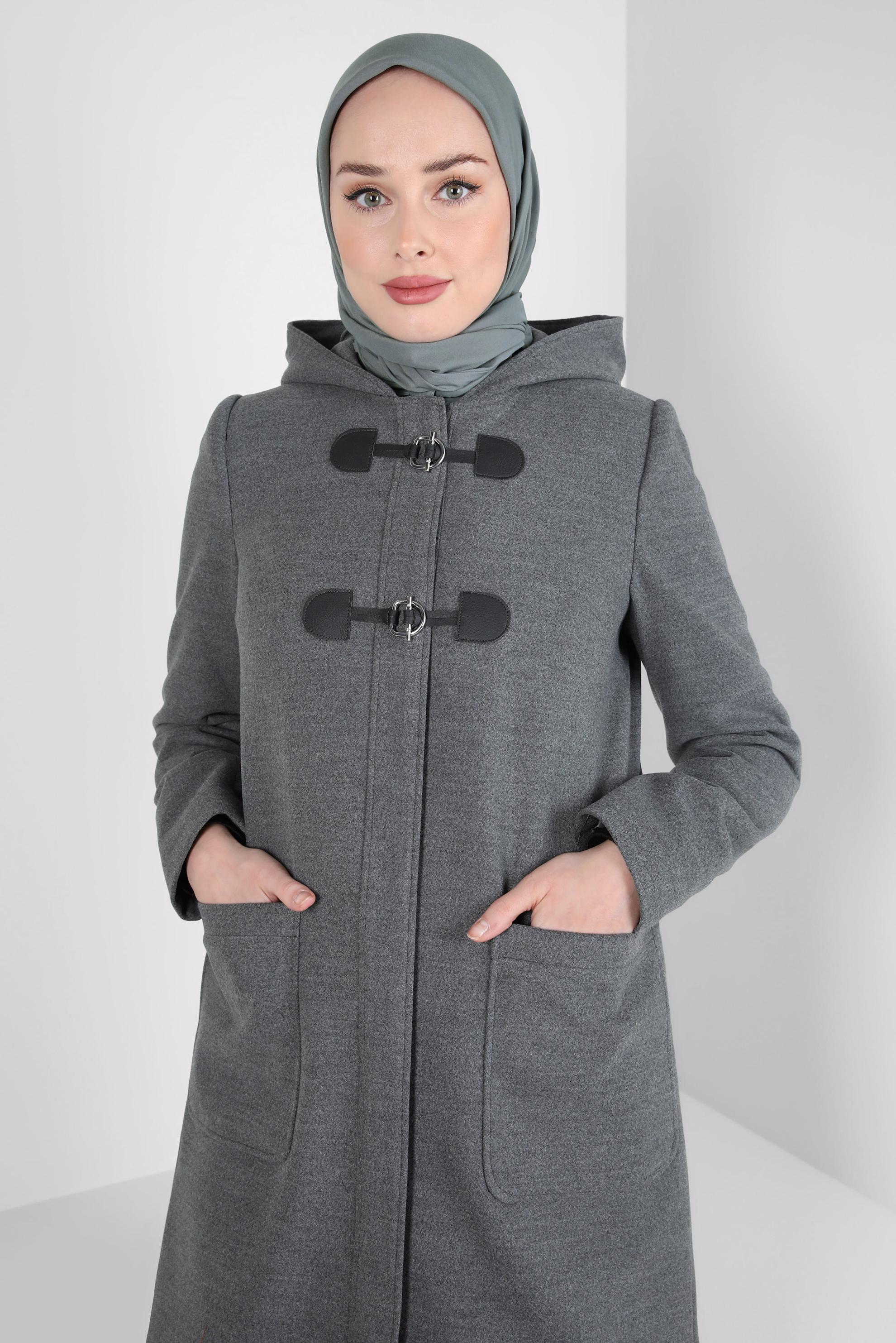 Tesettür giyim GRİ KAPÜŞONLU KABAN 90455