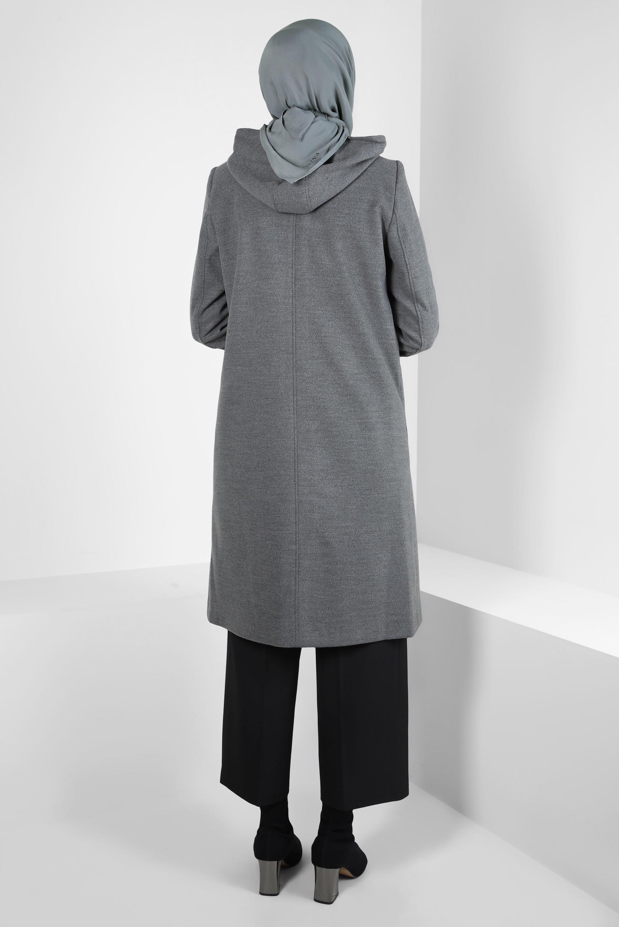 Tesettür giyim GRİ KAPÜŞONLU KABAN 90455